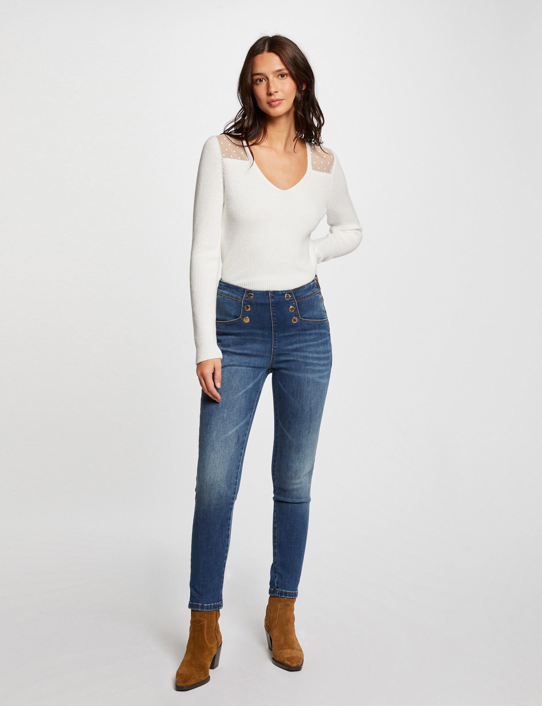 Skinny cropped jeans with buttons stone denim ladies'