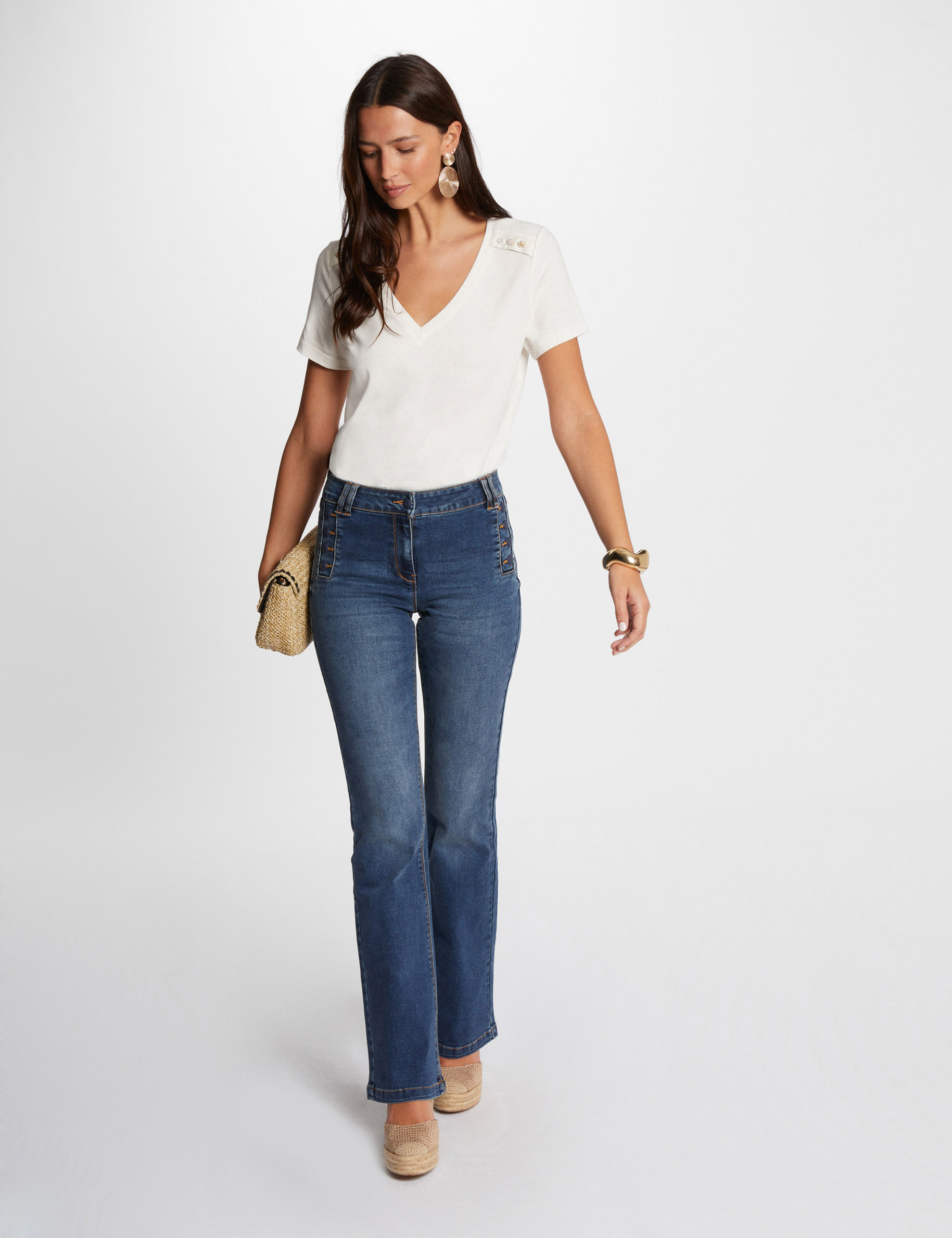 flare jeans with buttons stone wash denim women Flare jeans with buttons stone wash denim women