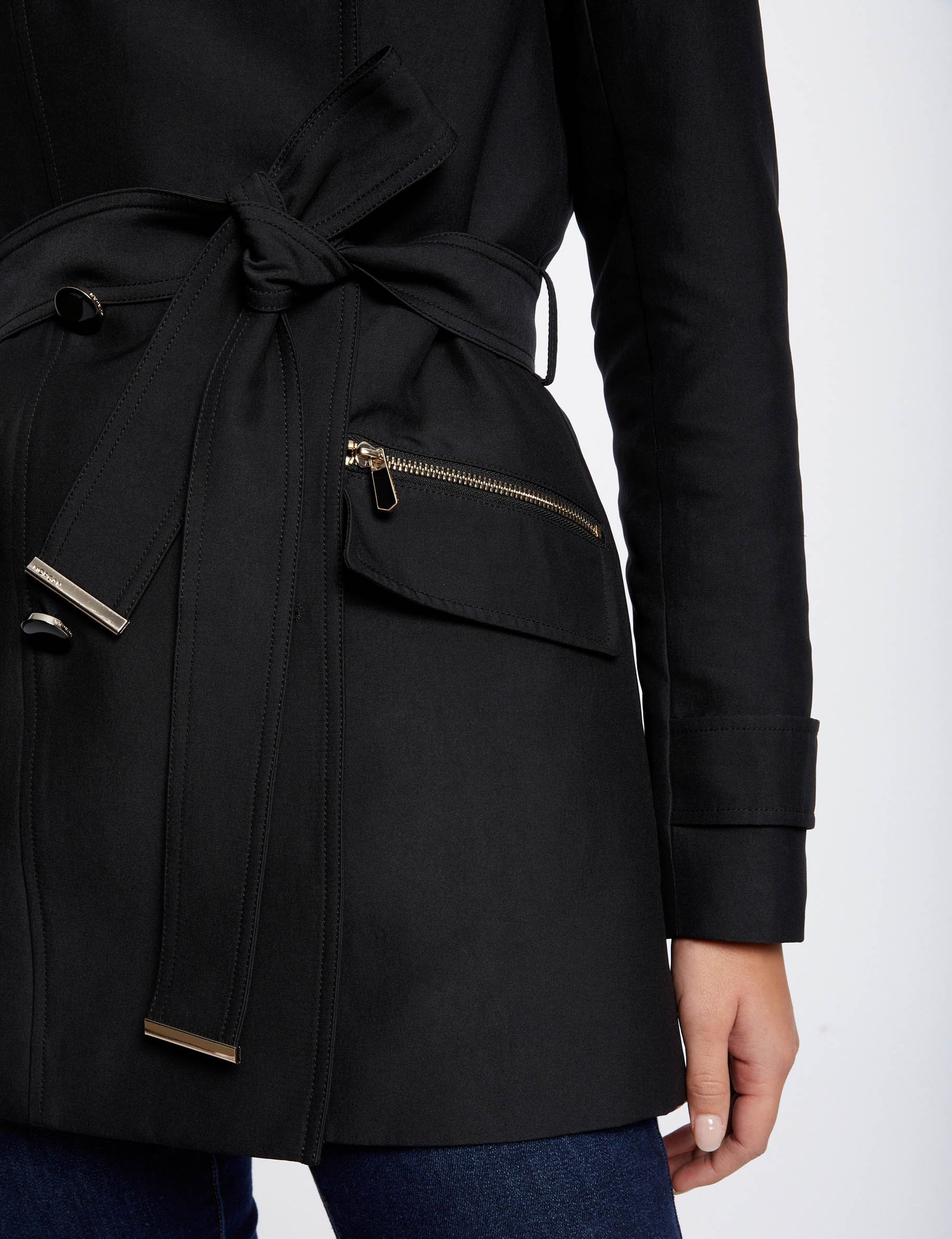 Waisted belted trenchcoat with hood black women