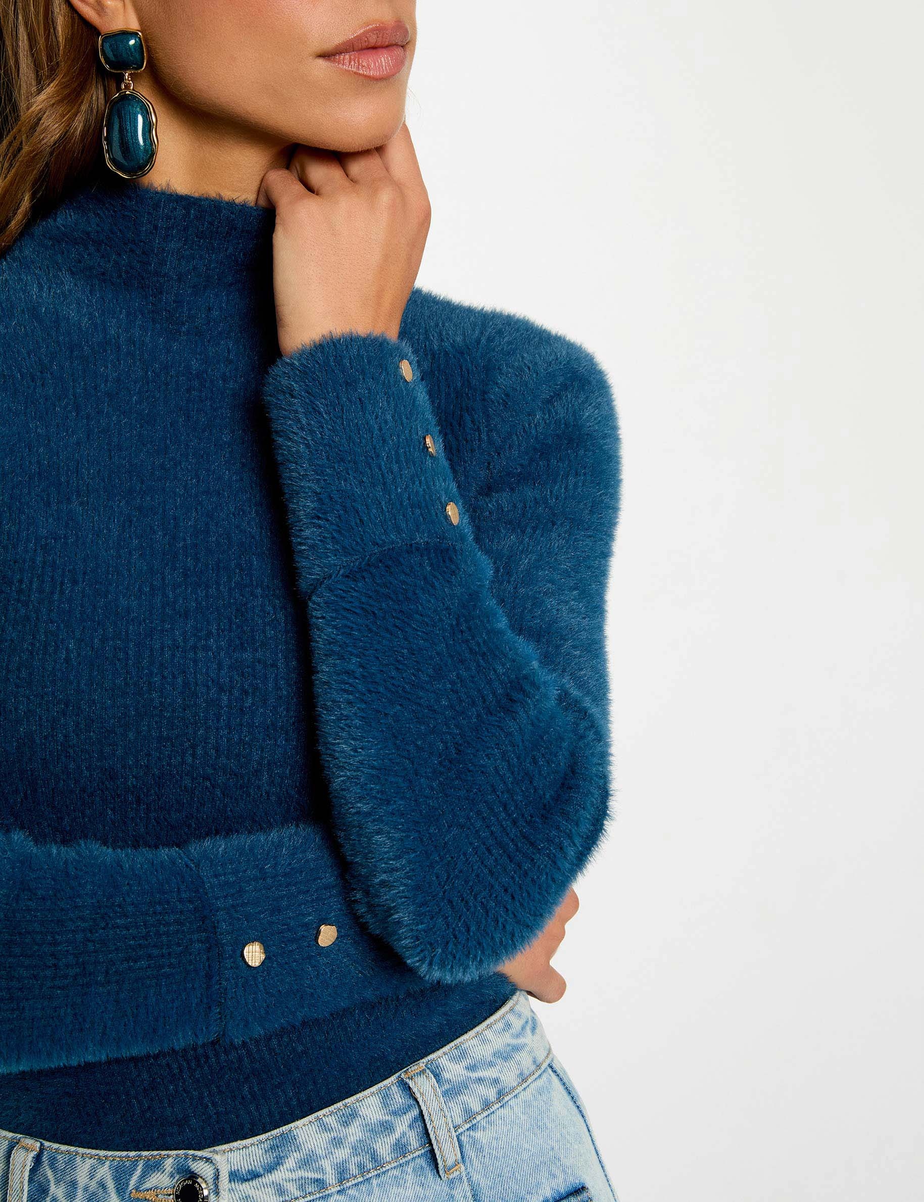 Long-sleeve fuzzy knit sweater petroleum blue women