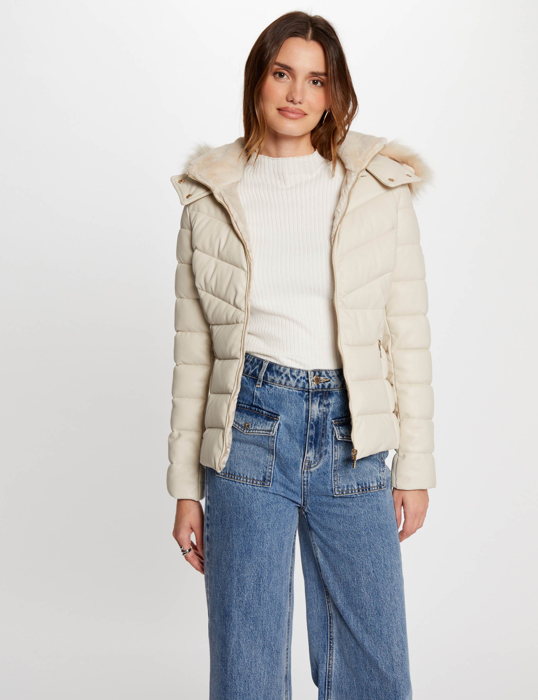 doudoune simili cuir capuche ivoire femme Doudoune simili cuir capuche ivoire femme