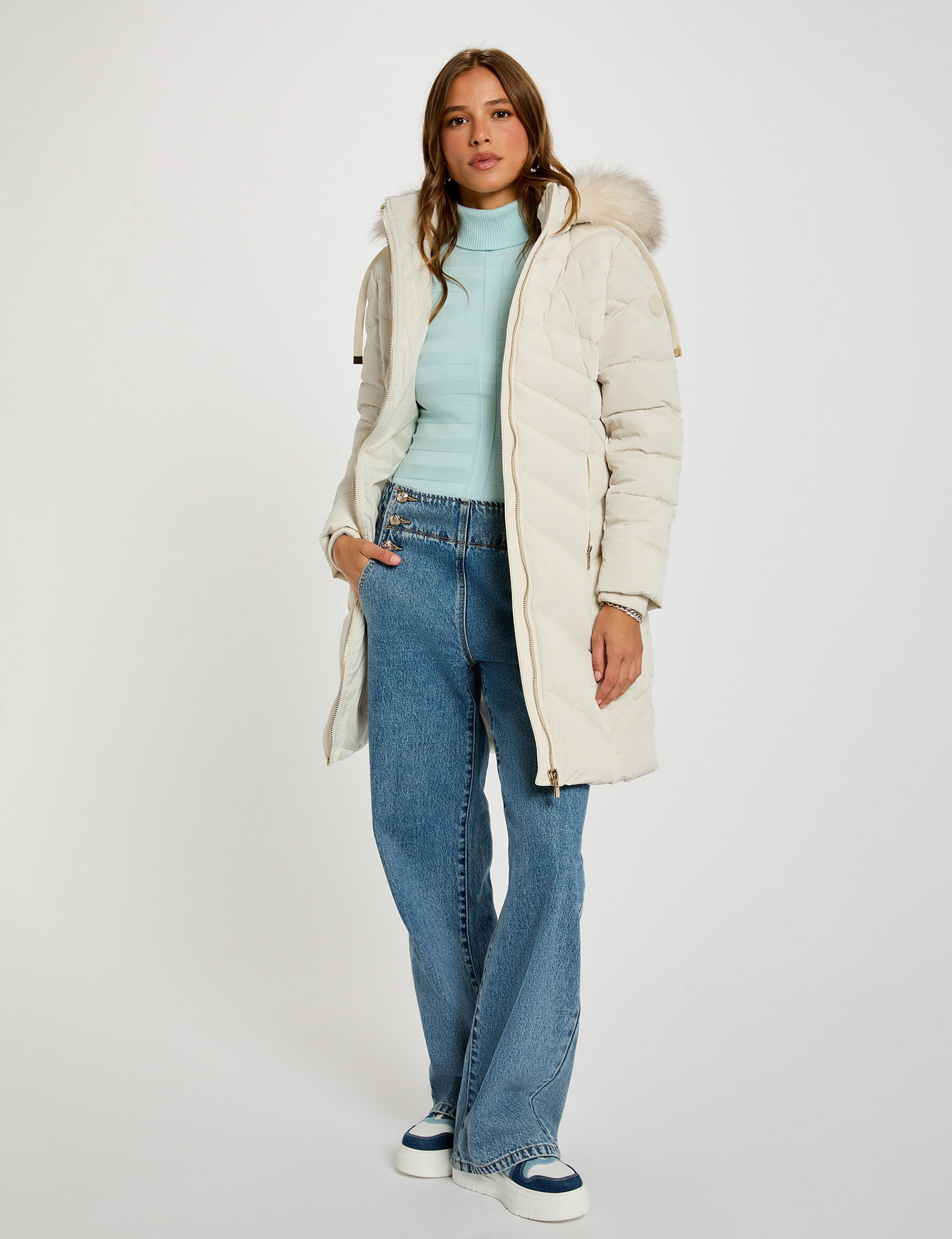 long hooded puffer jacket ivory women Long hooded puffer jacket ivory women