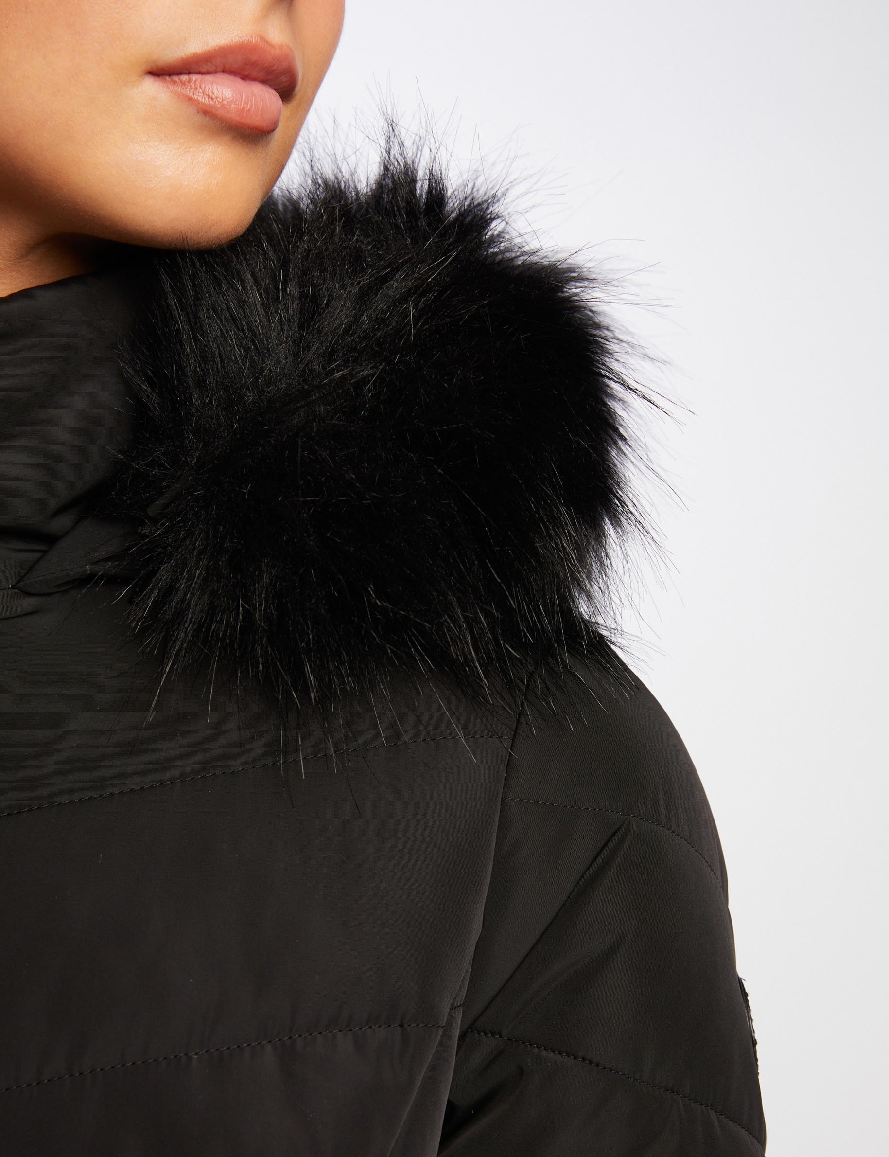 Long waisted padded jacket with hood black ladies'