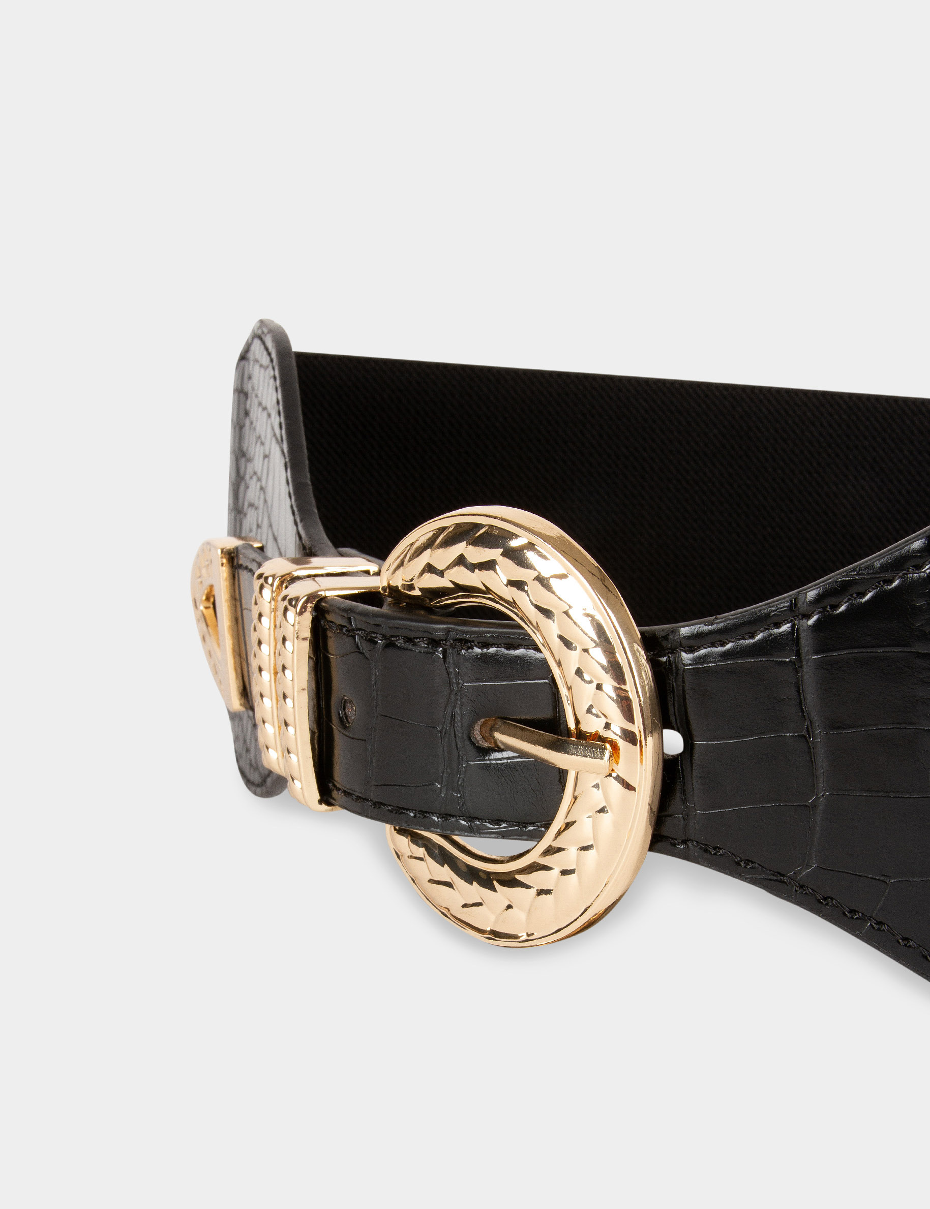 Elasticised belt with croc effect black ladies'