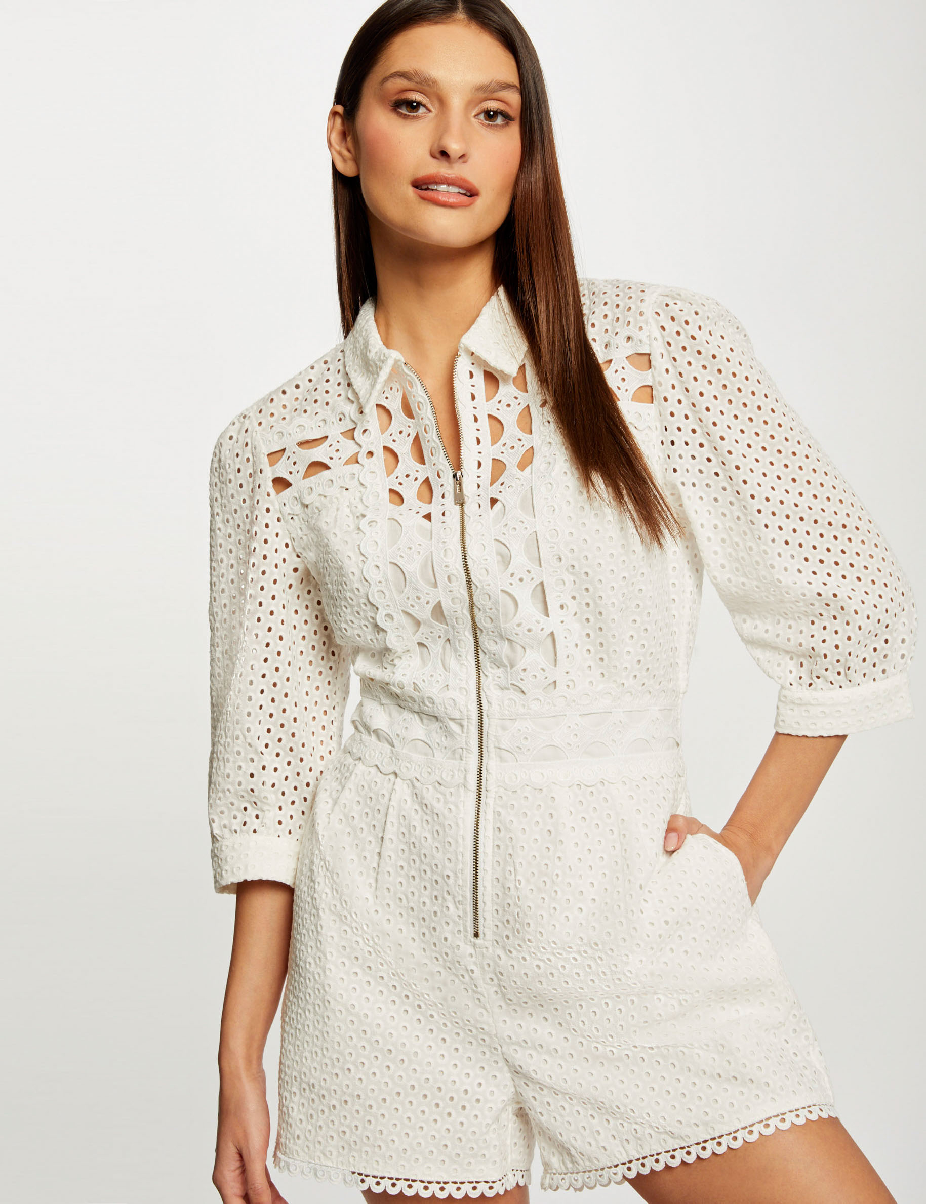 Straight playsuit English embroidery ecru ladies' Straight playsuit English embroidery ecru ladies'