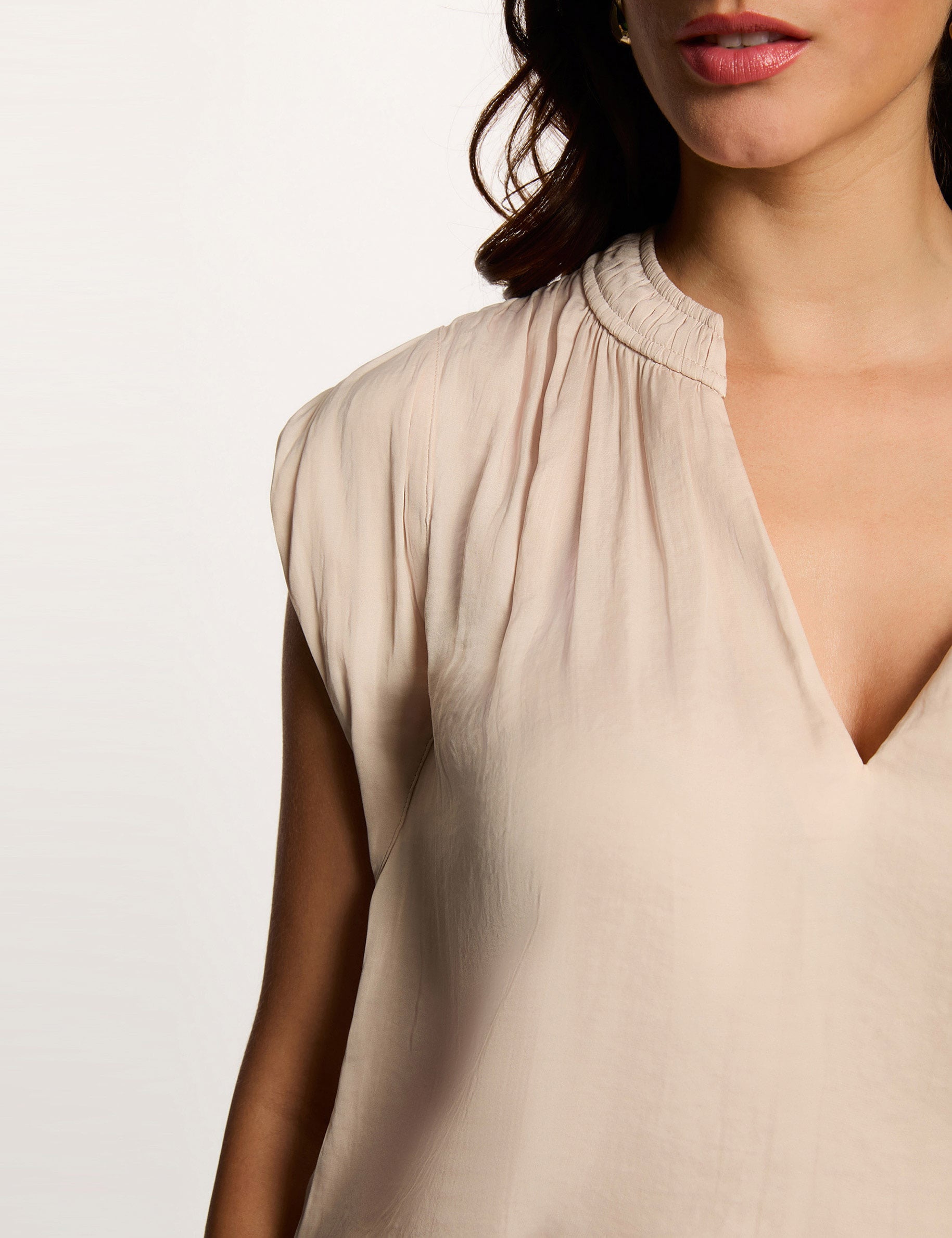 Satin short-sleeved blouse light beige women