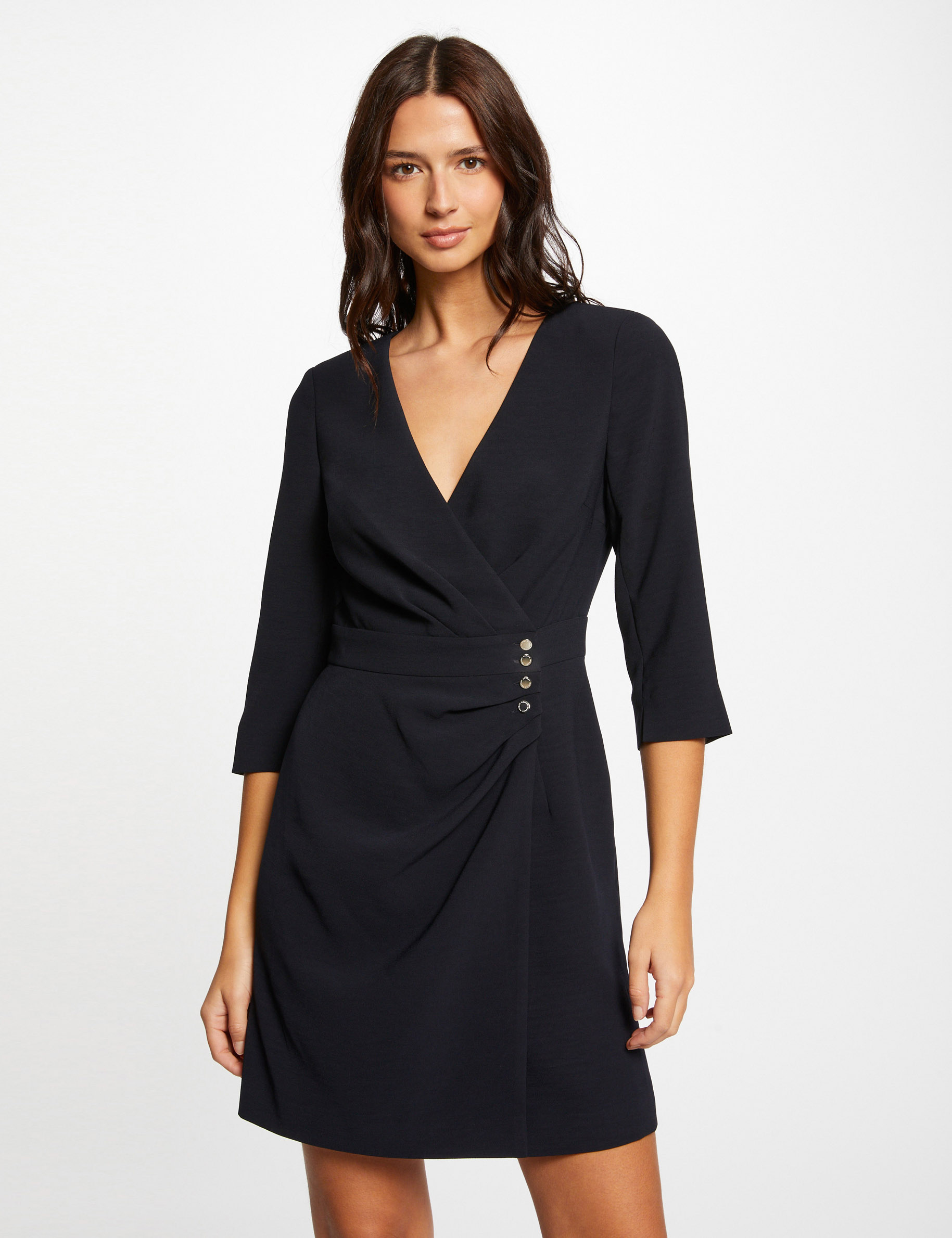 Draped wrap dress 3/4-length sleeves navy ladies'