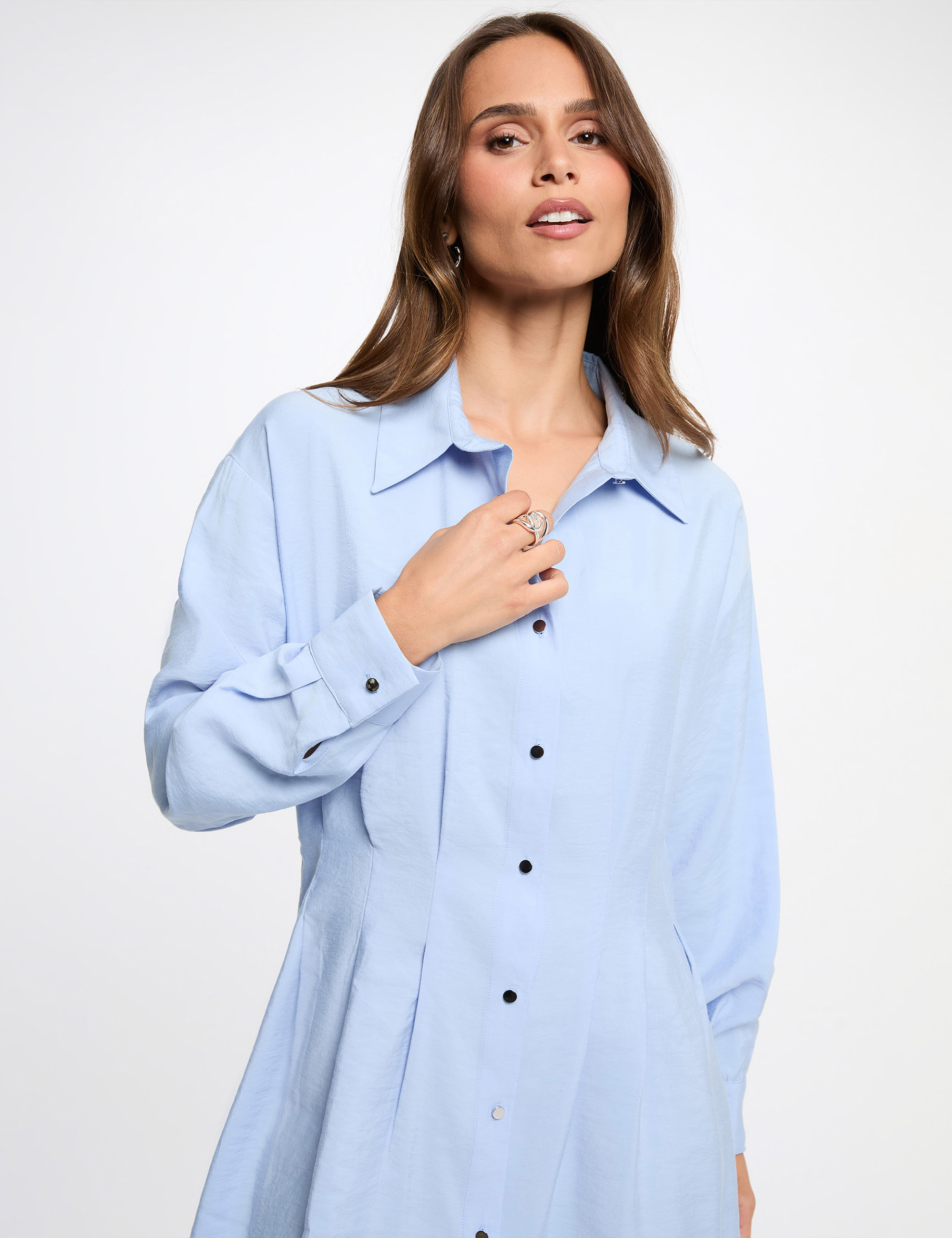 Pleated waist shirt dress sky blue women