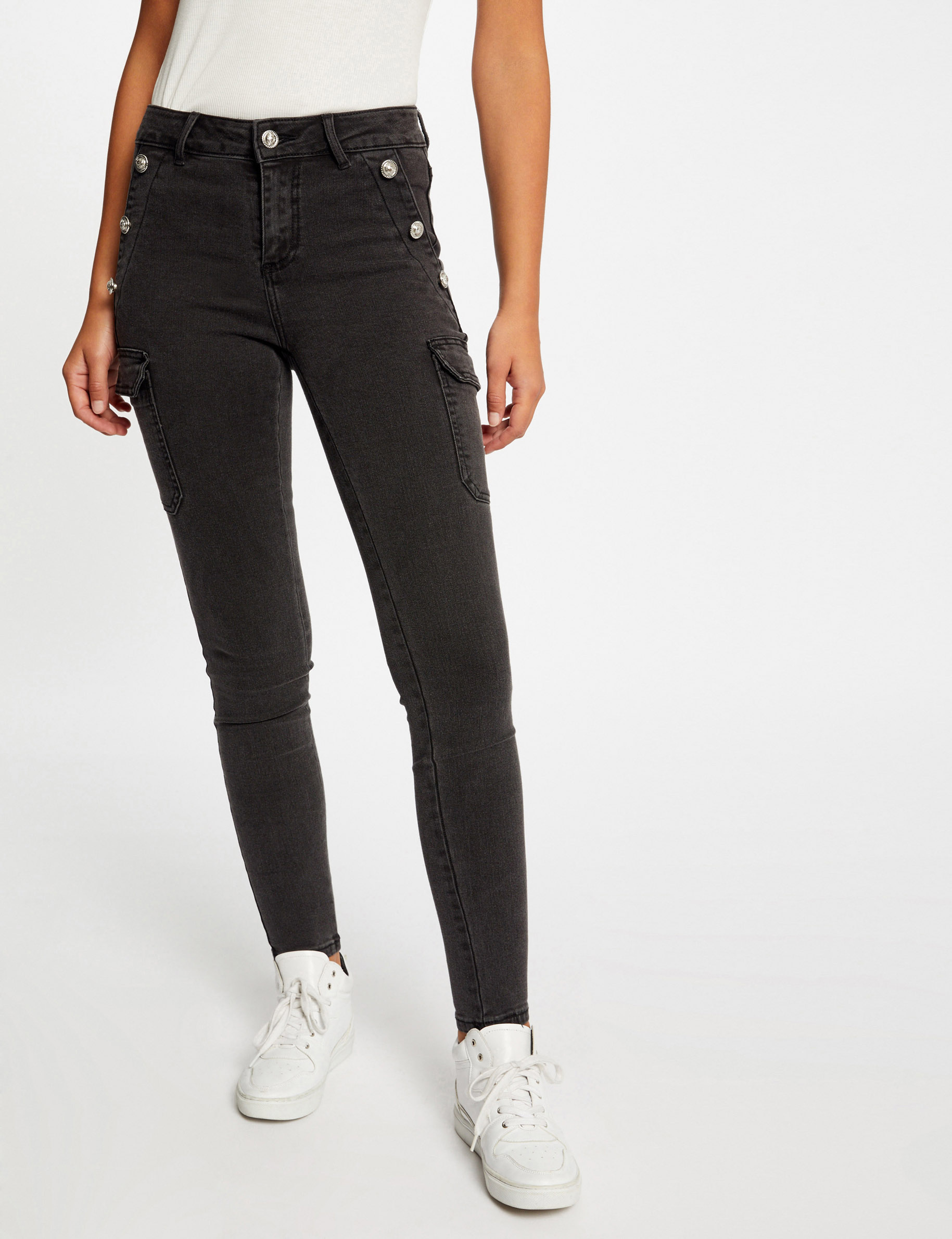 Skinny cargo trousers with buttons mid-grey ladies'