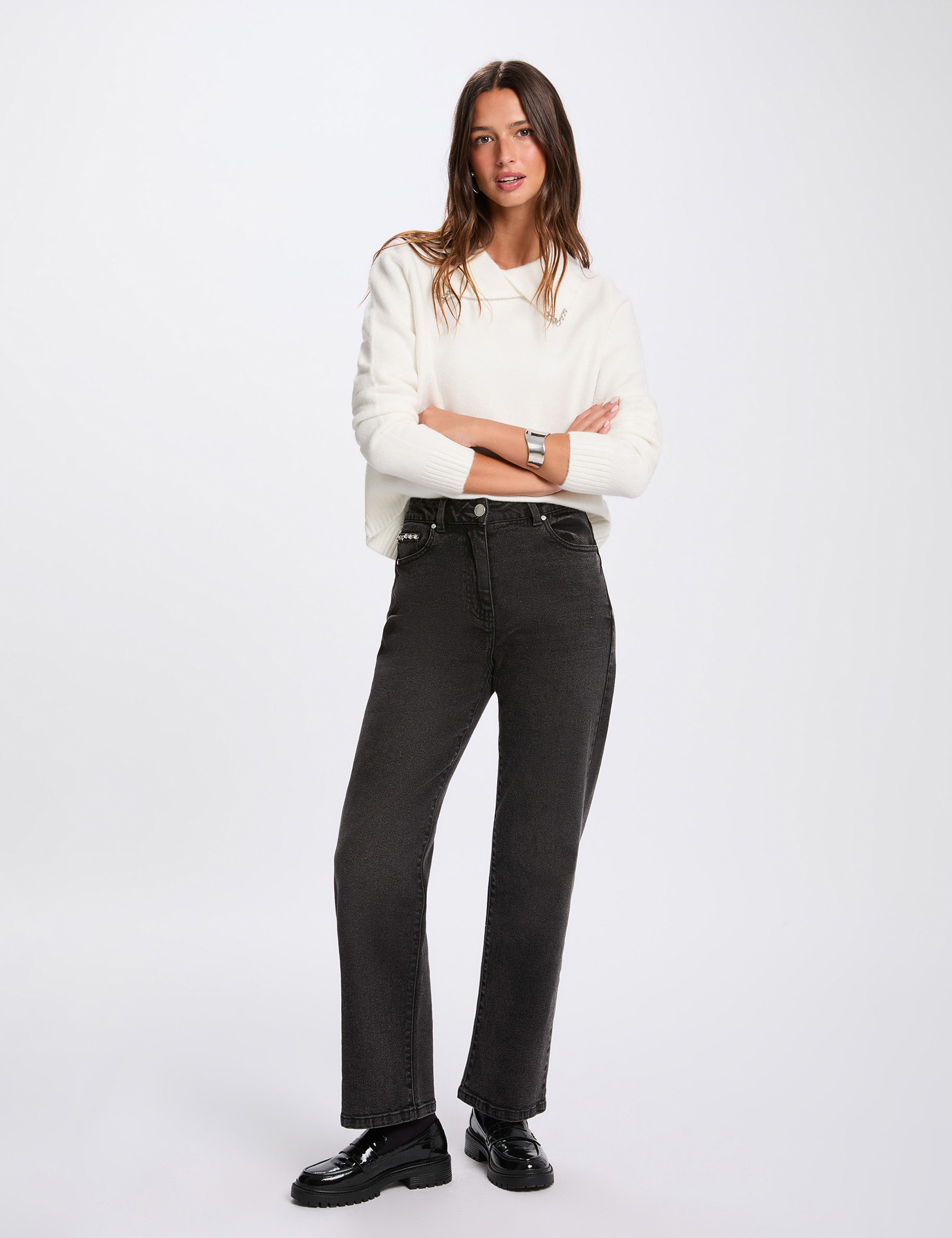 Sweater with a folded collar ivory women