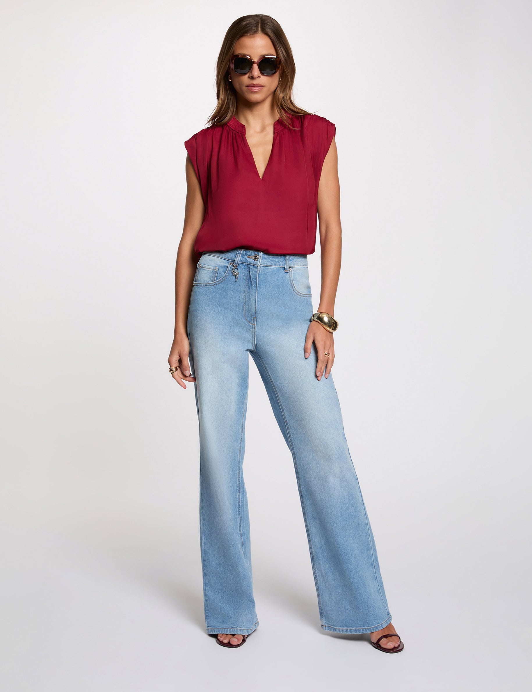 Satin short-sleeved blouse bordeaux women