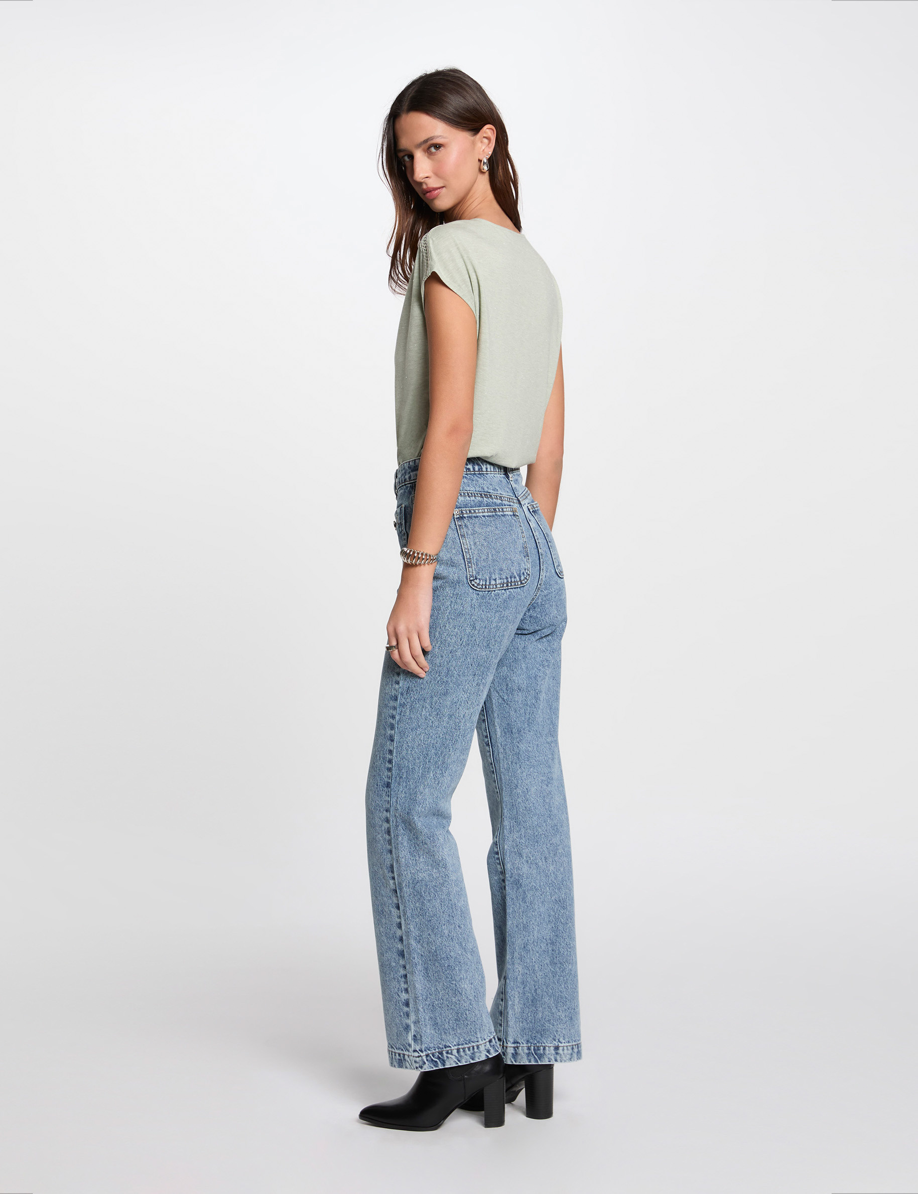 Wide leg jeans heavy stone wash denim women