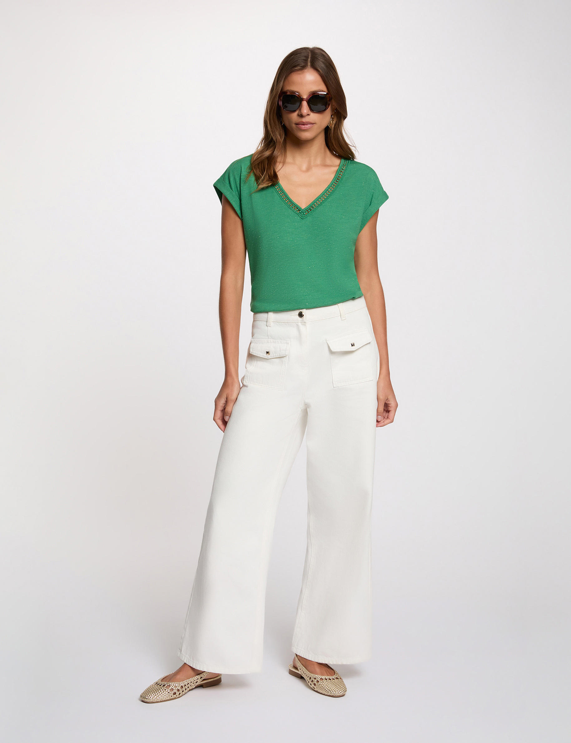 Shiny v-neck t-shirt meadow green women