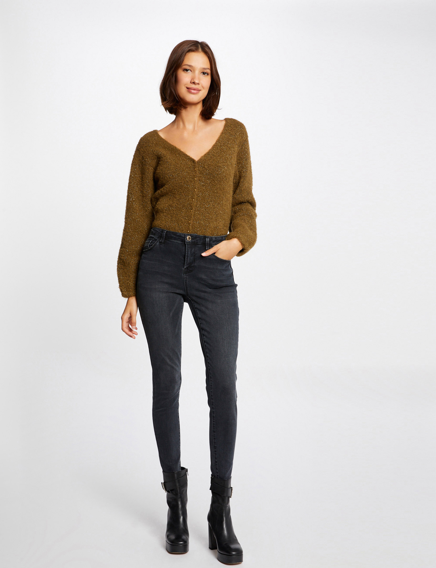 Long-sleeved jumper with V-neck mid-green ladies'
