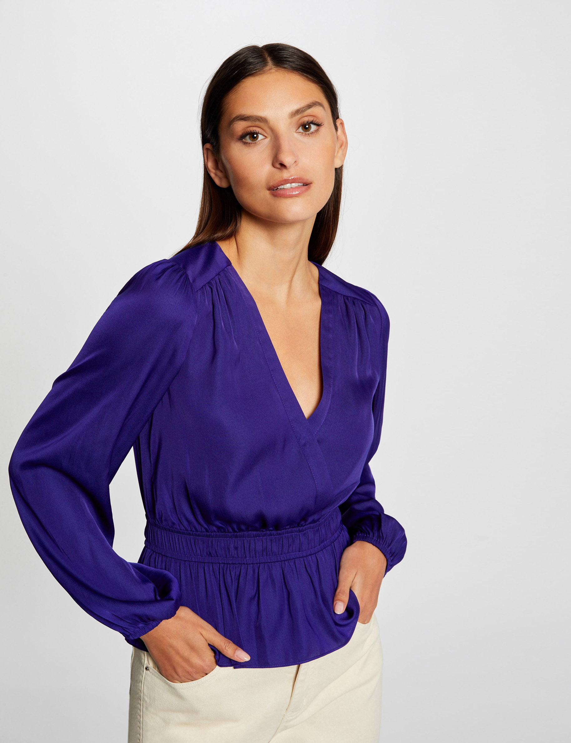 Satin long-sleeved t-shirt mid blue ladies'