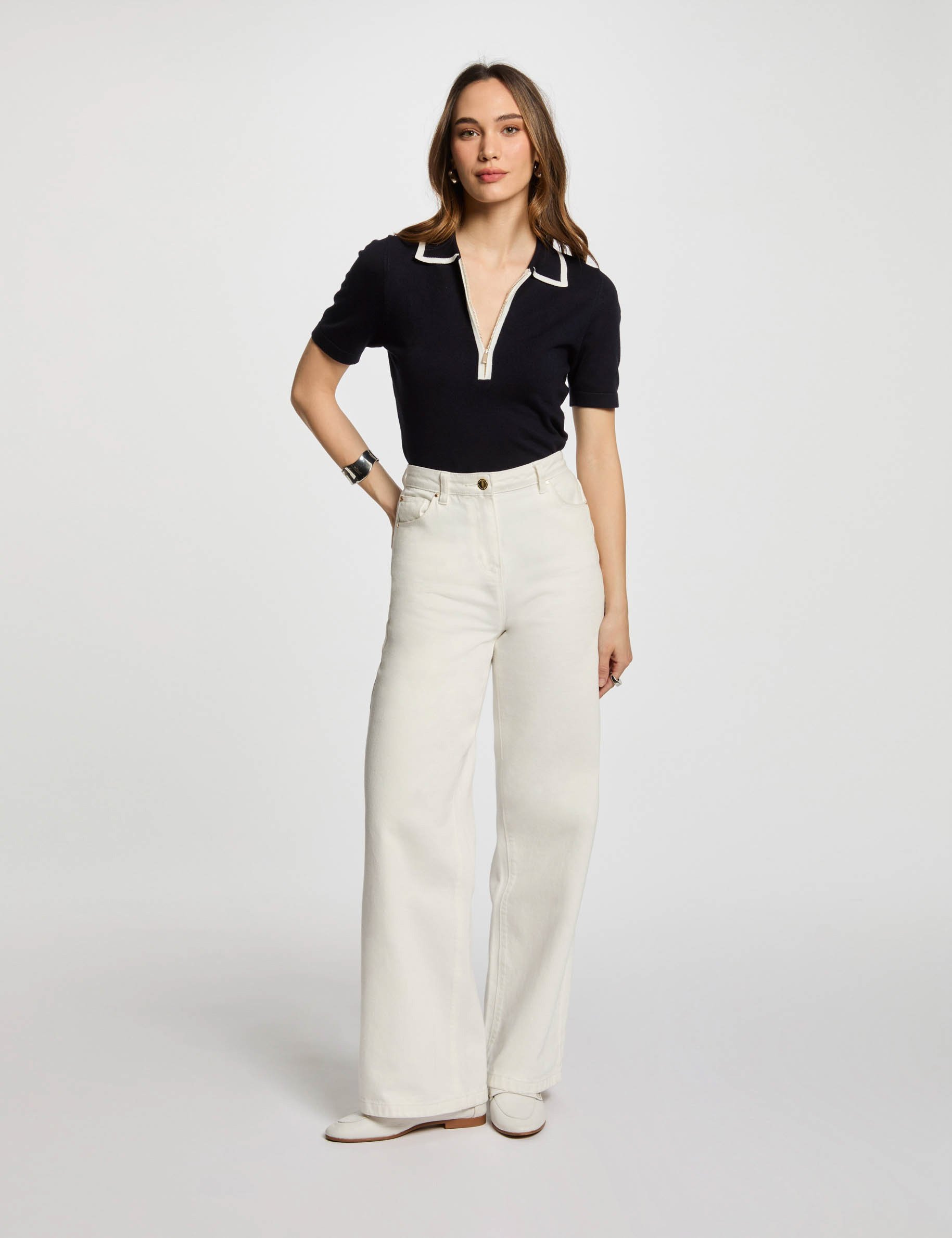 pull col polo zippe bleu marine femme Pull col polo zippé bleu marine femme