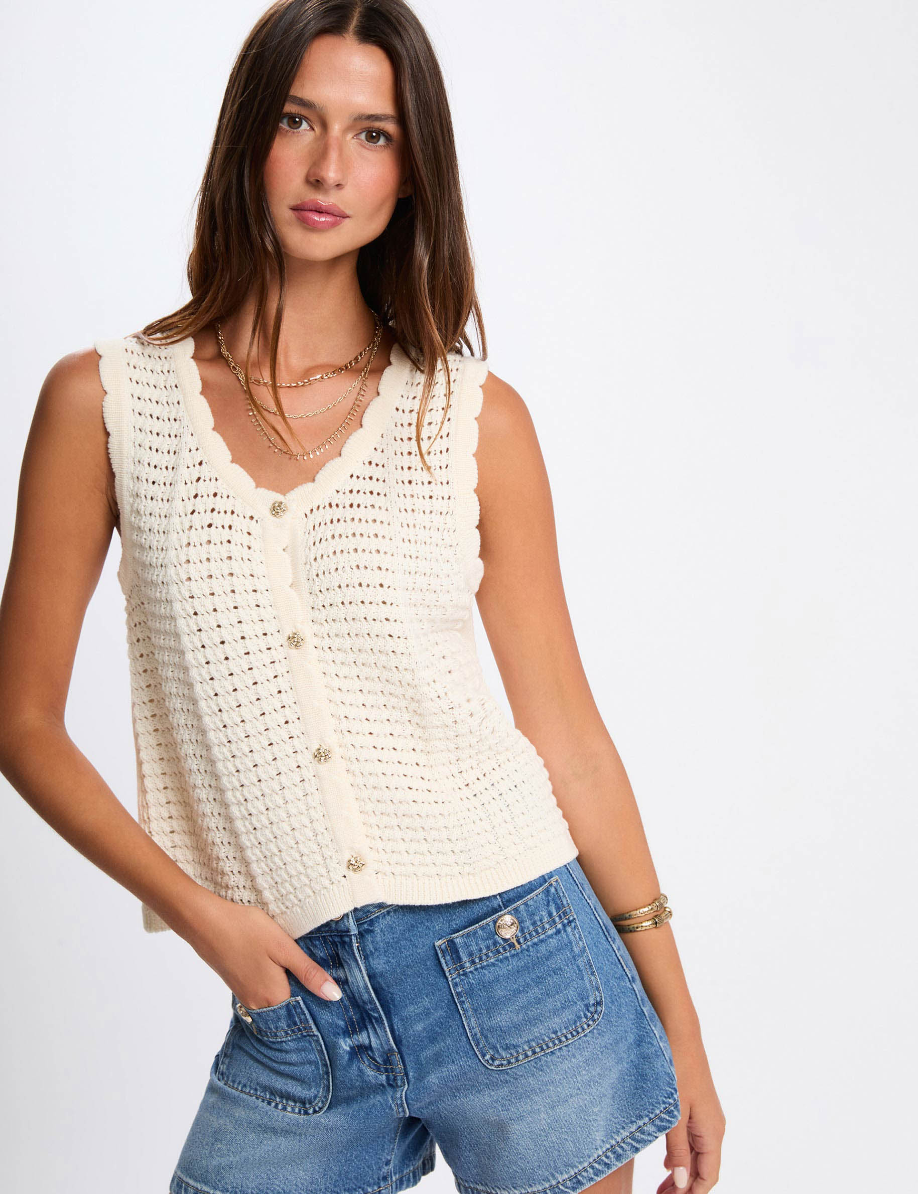 Sleeveless openwork cardigan ivory women