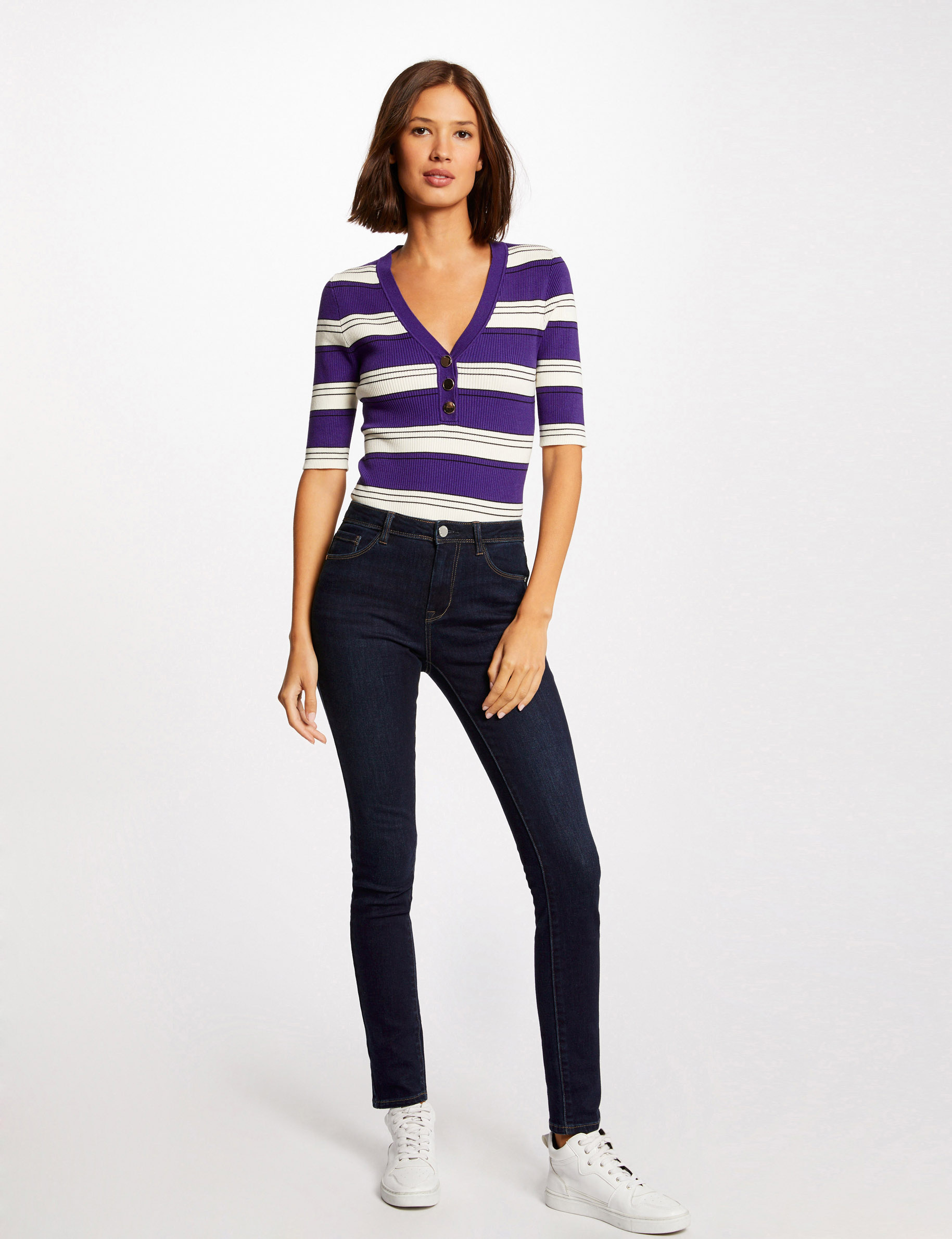 short sleeved jumper with stripes purple women Short-sleeved jumper with stripes purple women