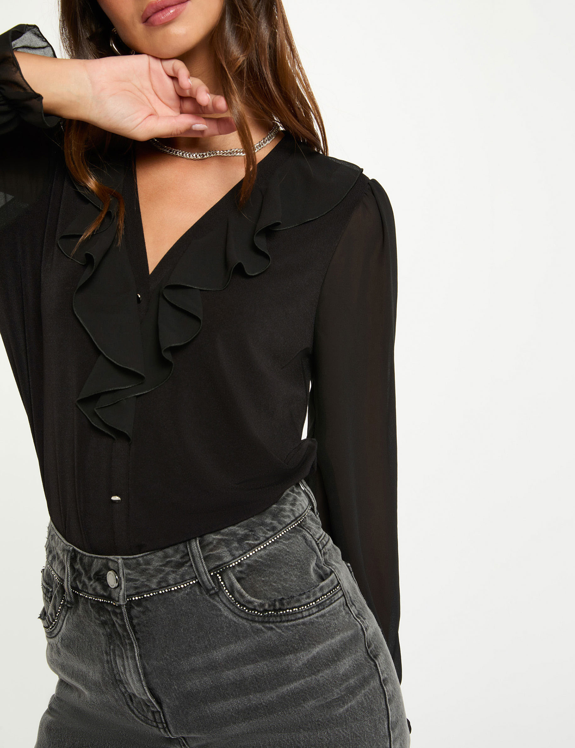 V-neck voile t-shirt black women