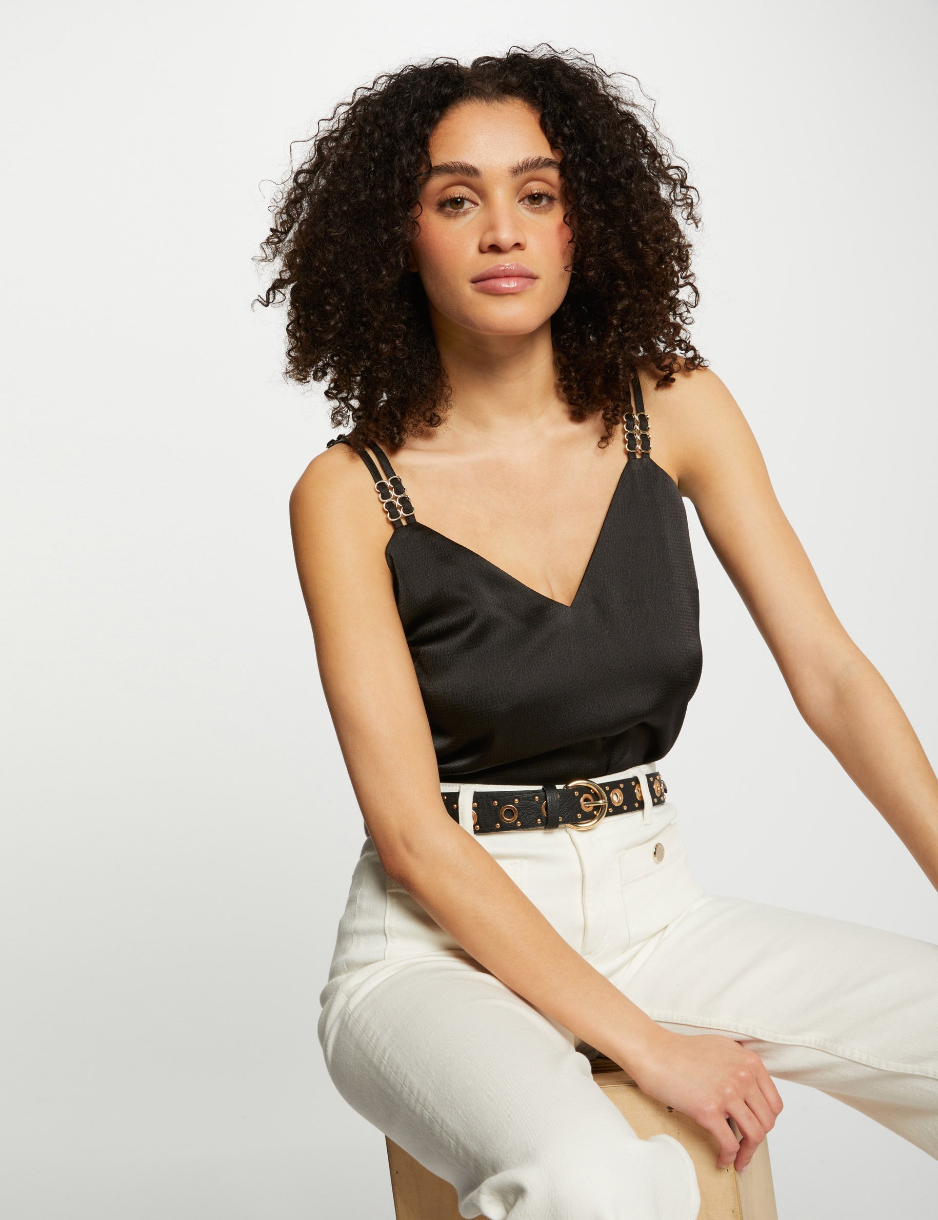 Top satin à bretelles noir femme