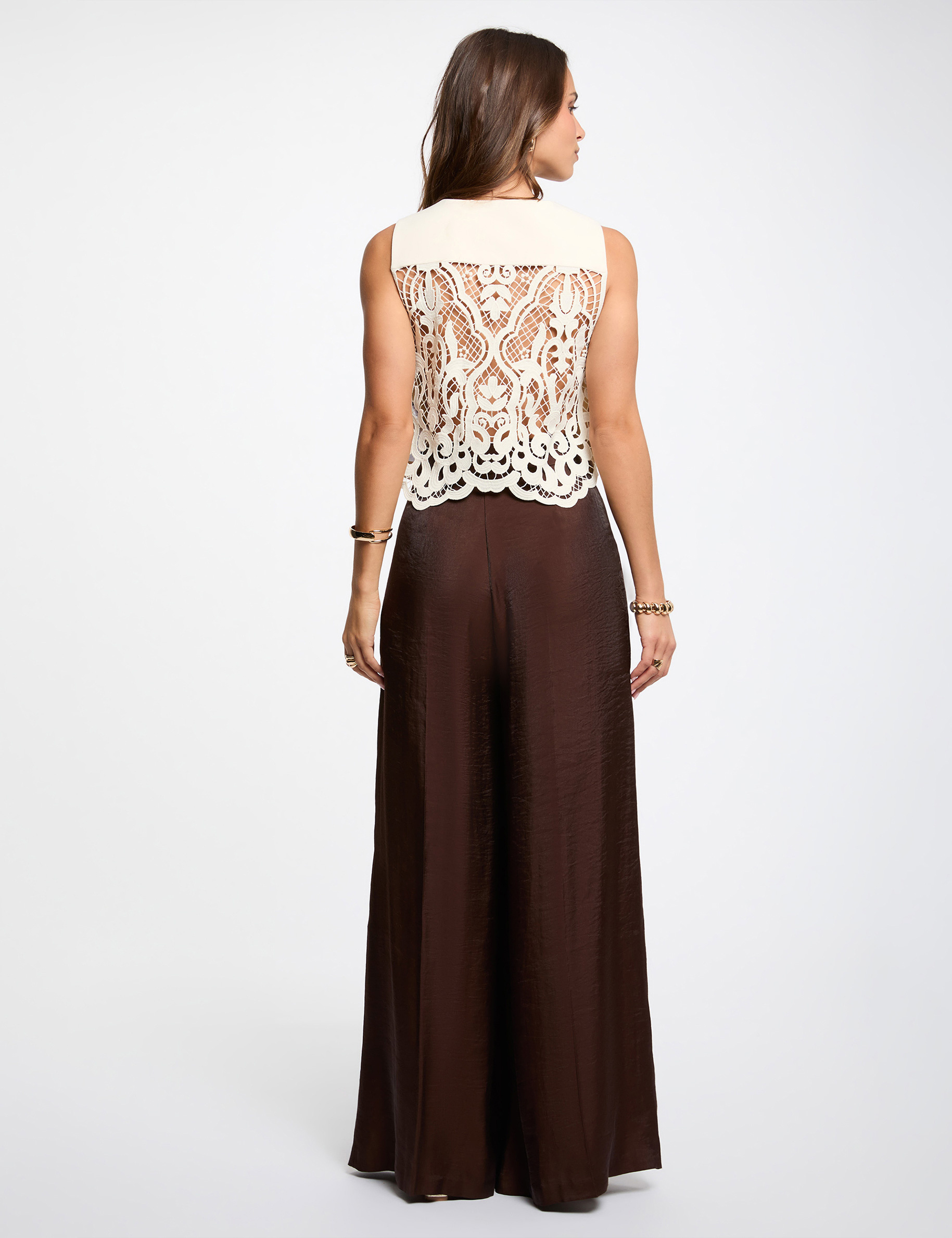 Wide-leg high-waisted trousers dark brown women