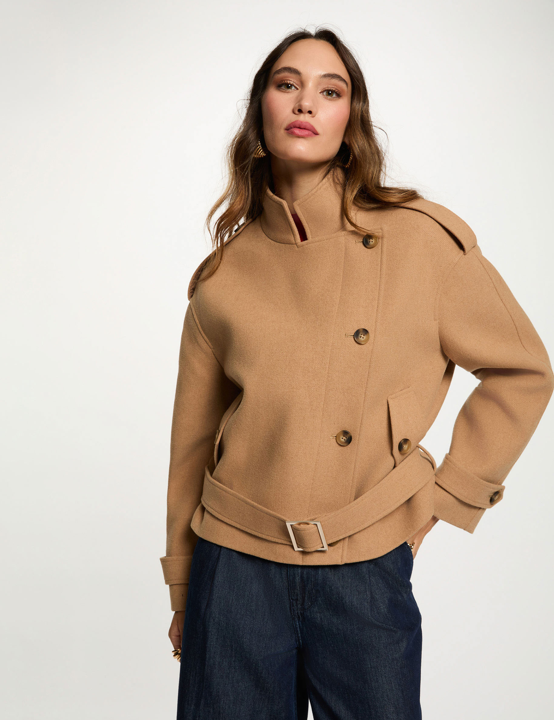 Oversized short coat beige women