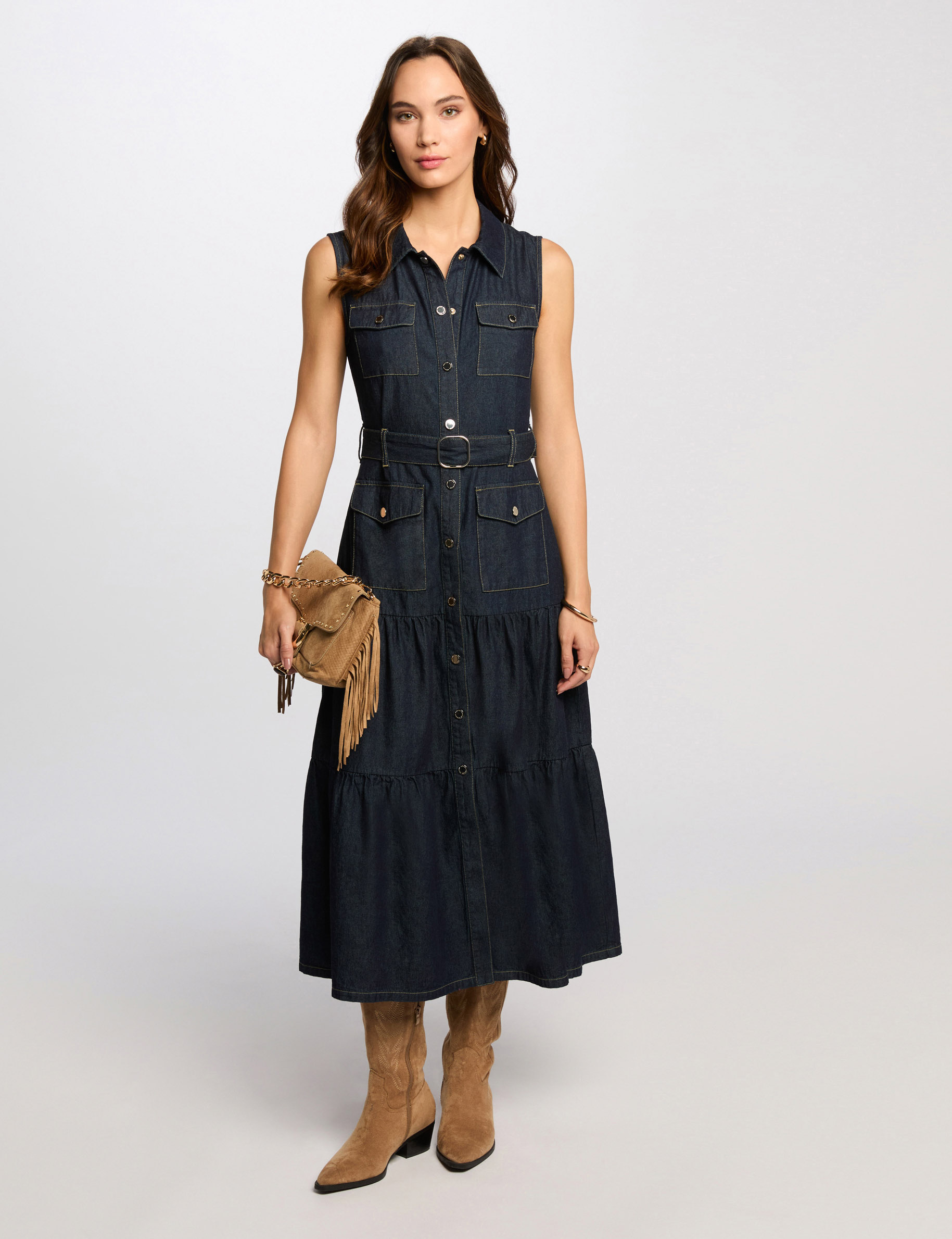 Maxi straight denim dress raw denim women