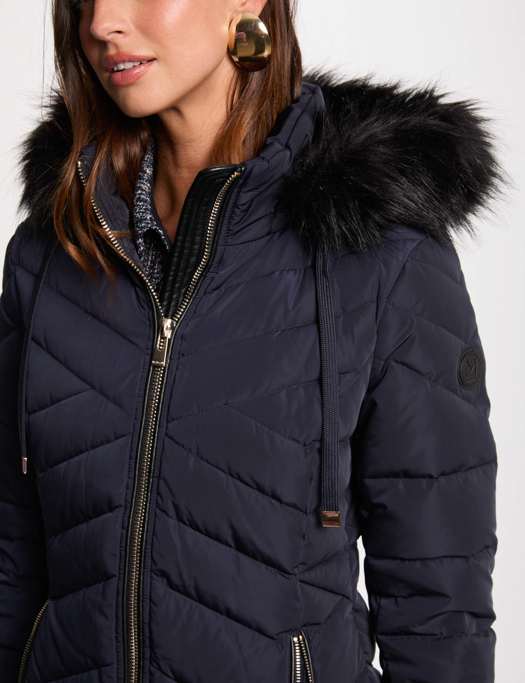 Long hooded puffer jacket navy blue women