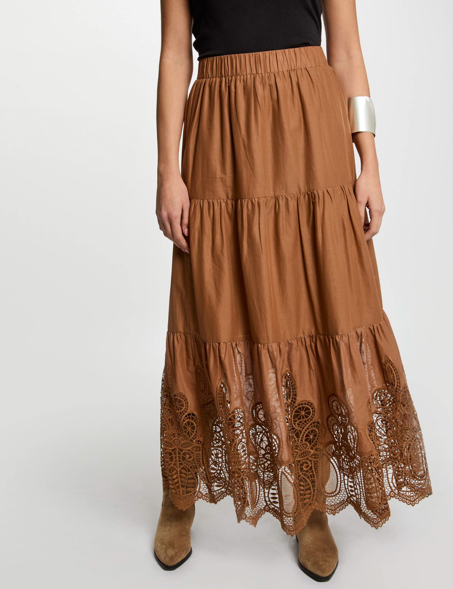 jupe longue detail dentelle marron cognac femme Jupe longue détail dentelle marron cognac femme