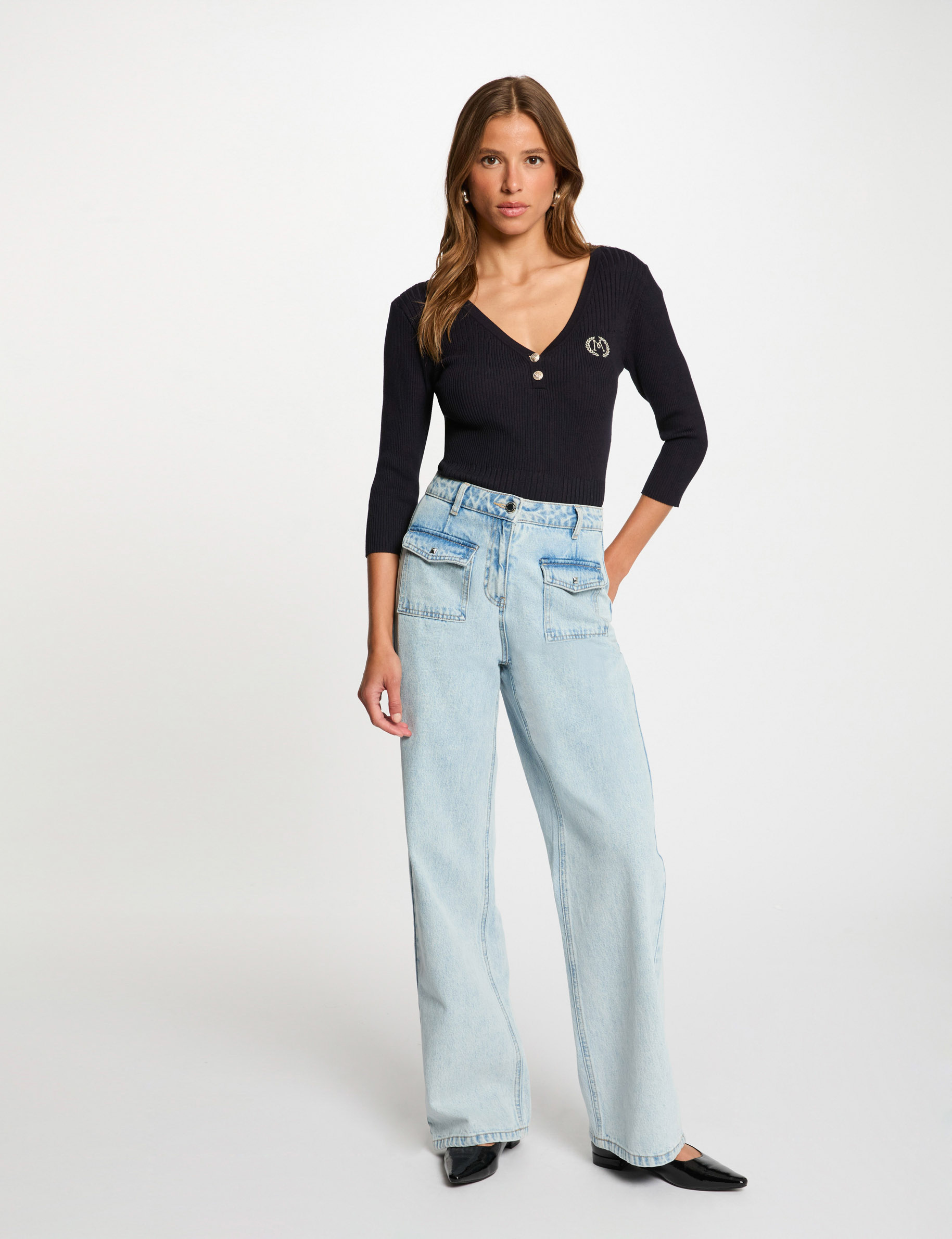 ribbed jumper with v neck navy blue women Ribbed jumper with V-neck navy blue women