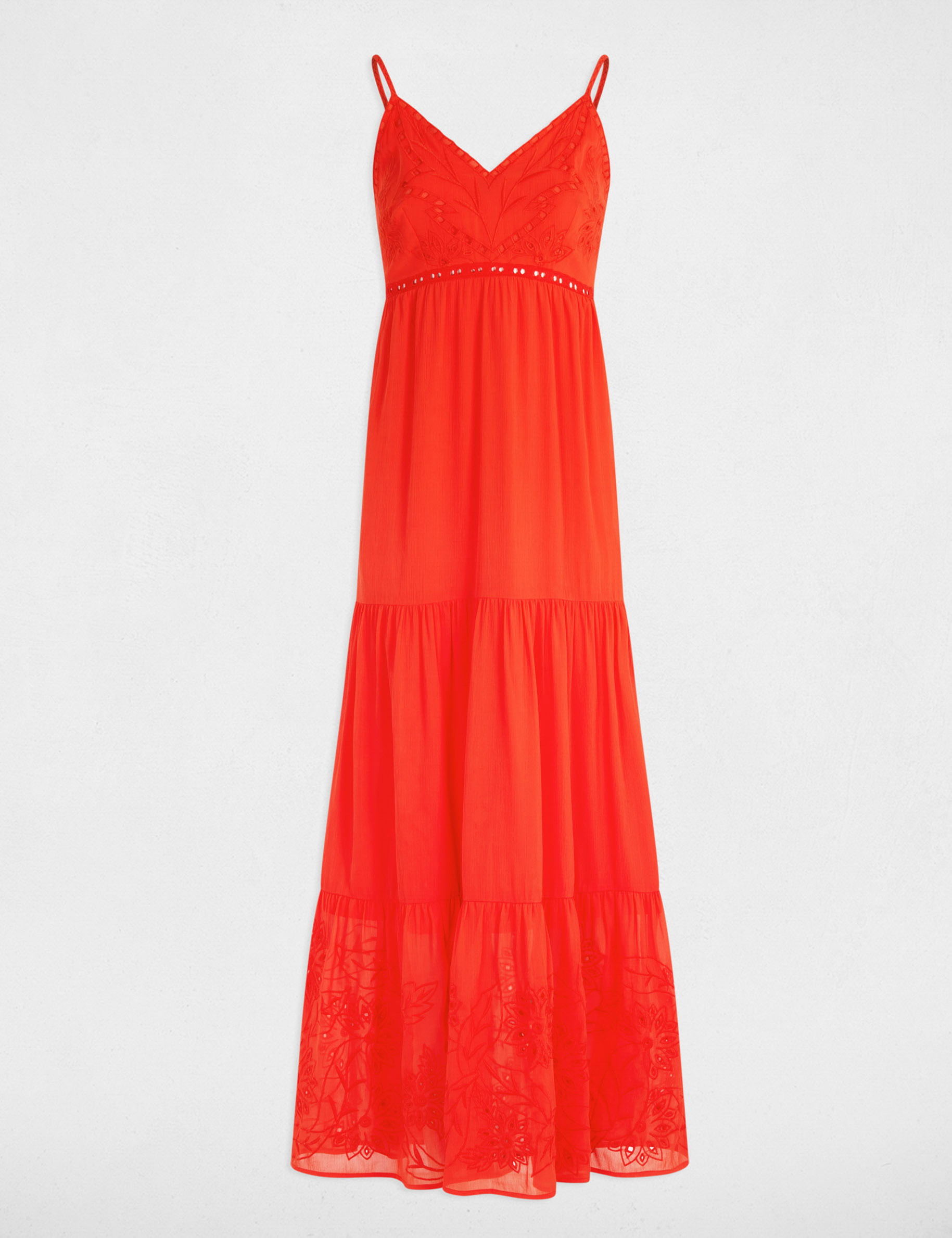 robe longue fluide broderie orange femme Robe longue fluide broderie orange femme