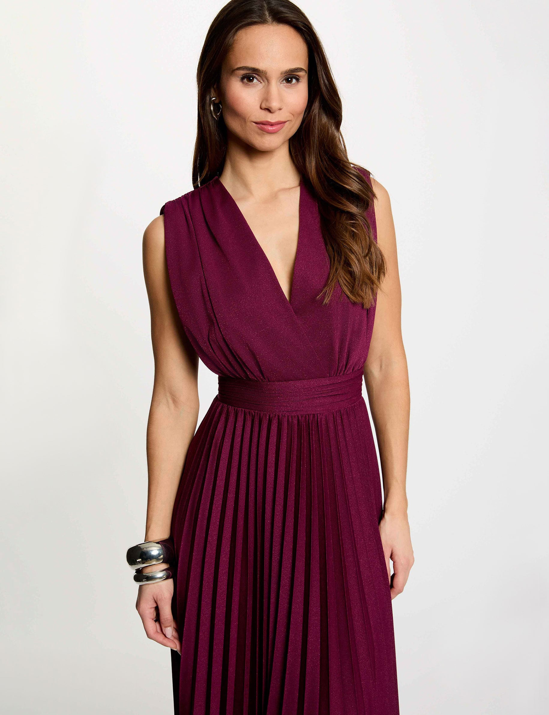 Pleated maxi straight dress plum women
