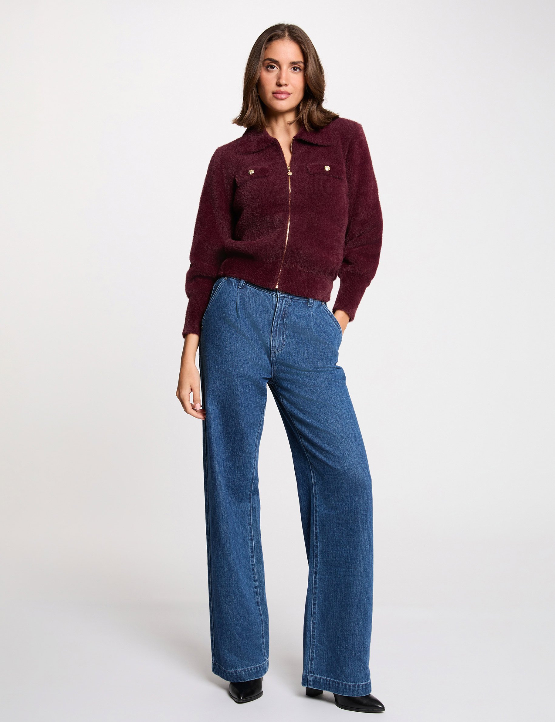 Long-sleeved cardigan with lapel collar plum women