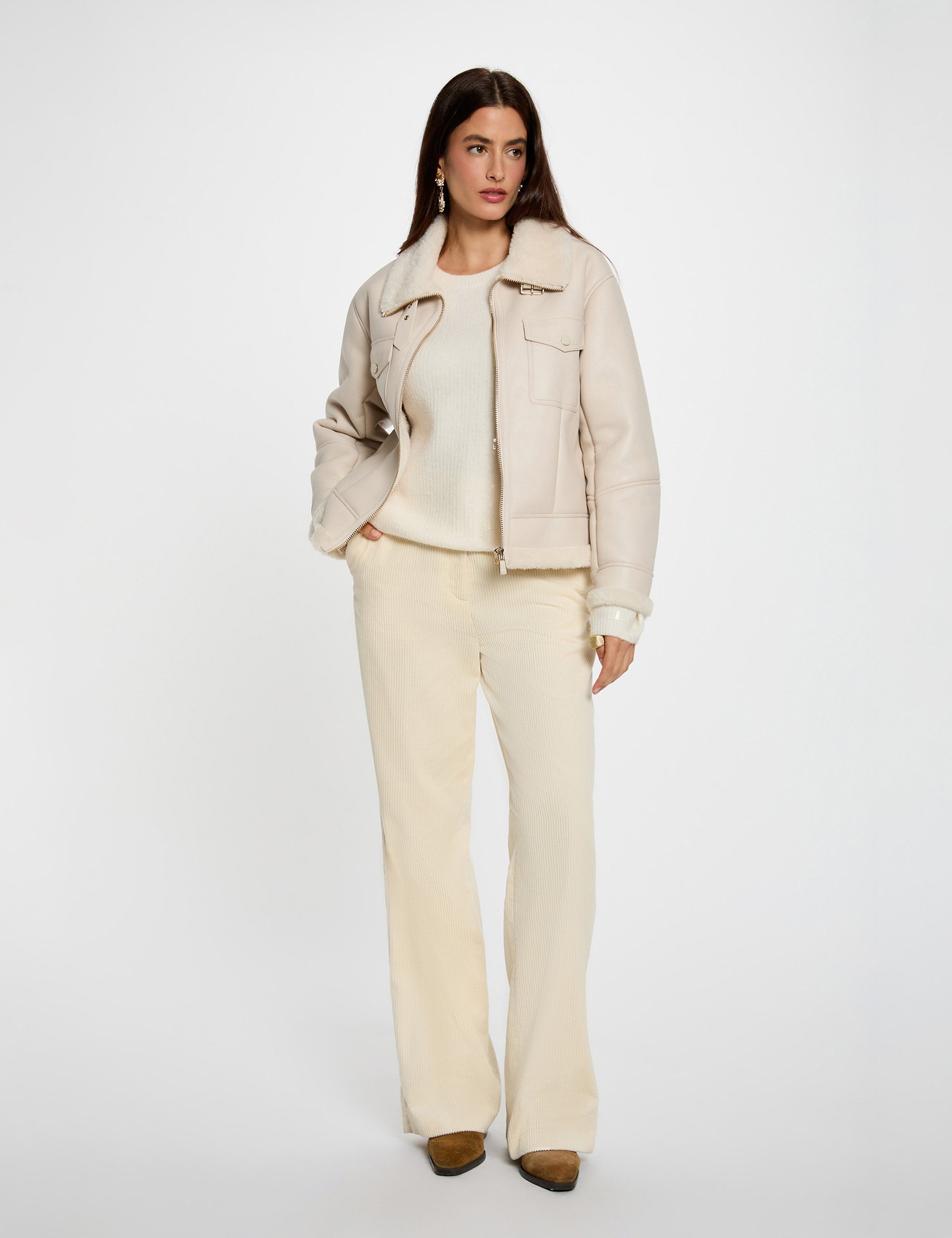 Short faux fur coat ivory women