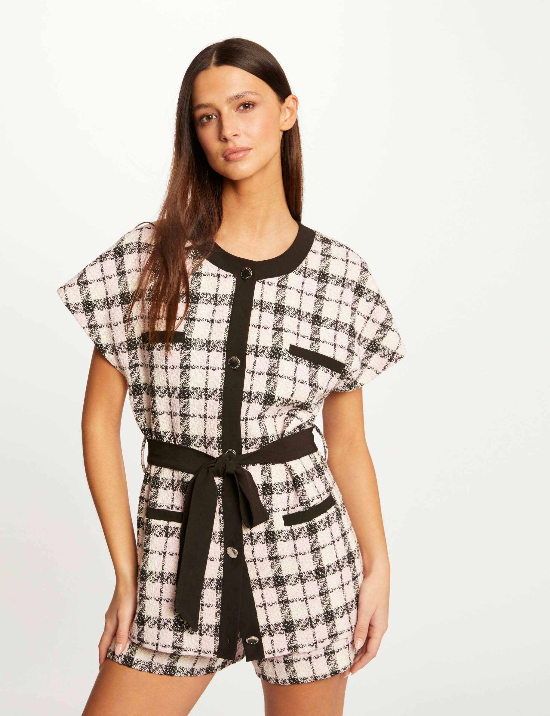 Checked straight belted jacket multico ladies'
