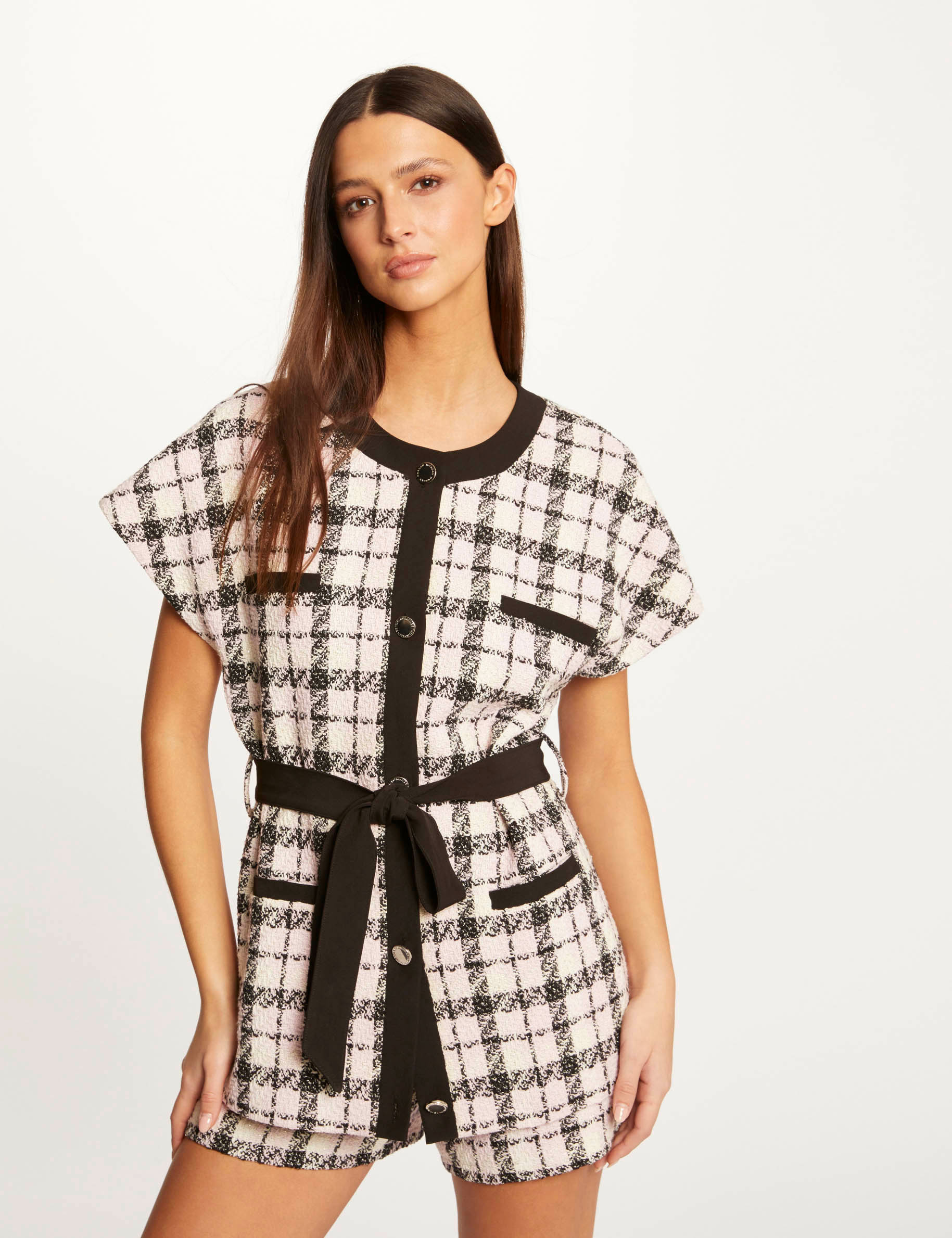 Checked straight belted jacket multico ladies' Checked straight belted jacket multico ladies'