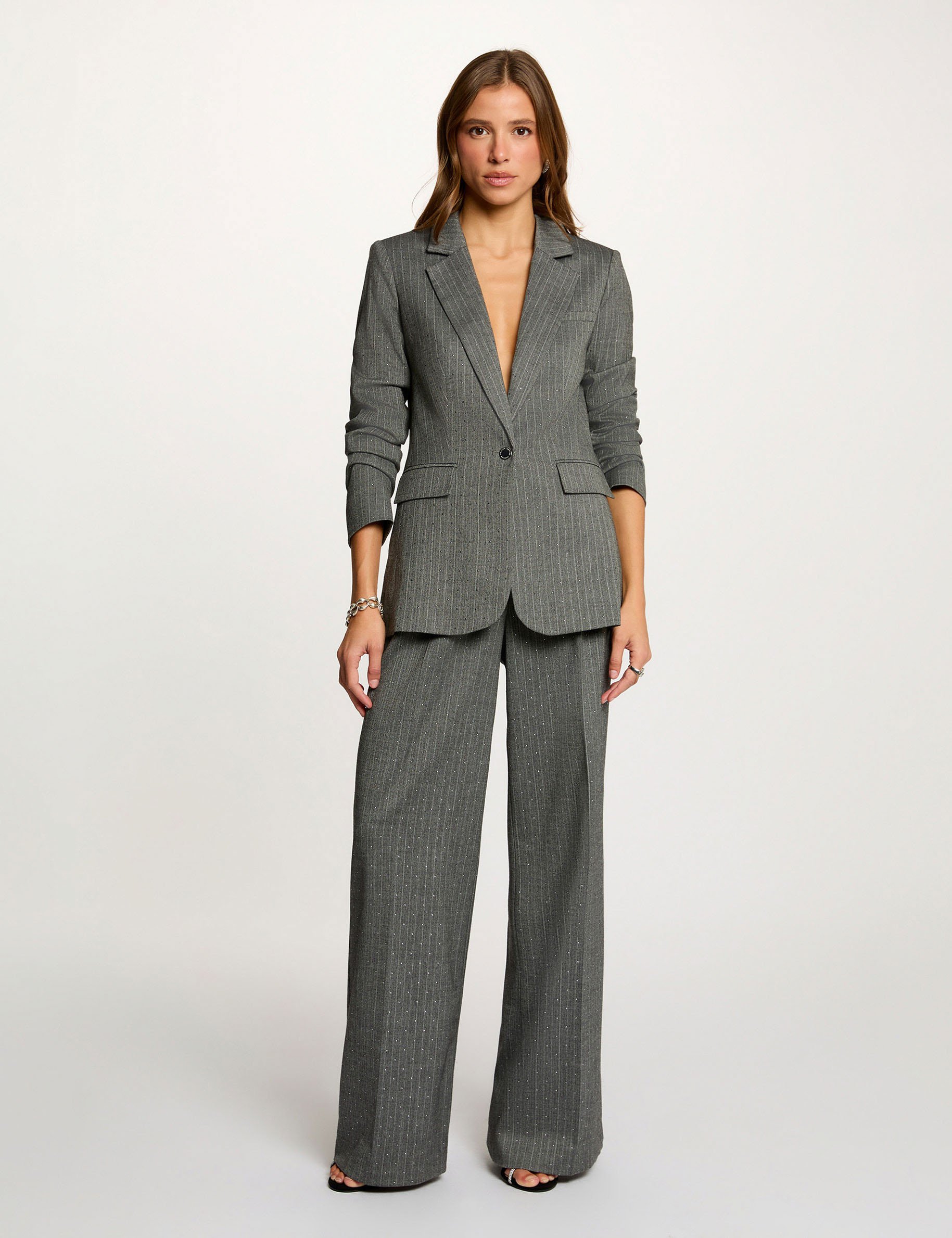 pantalon droit a rayures gris moyen femme mid-grey women