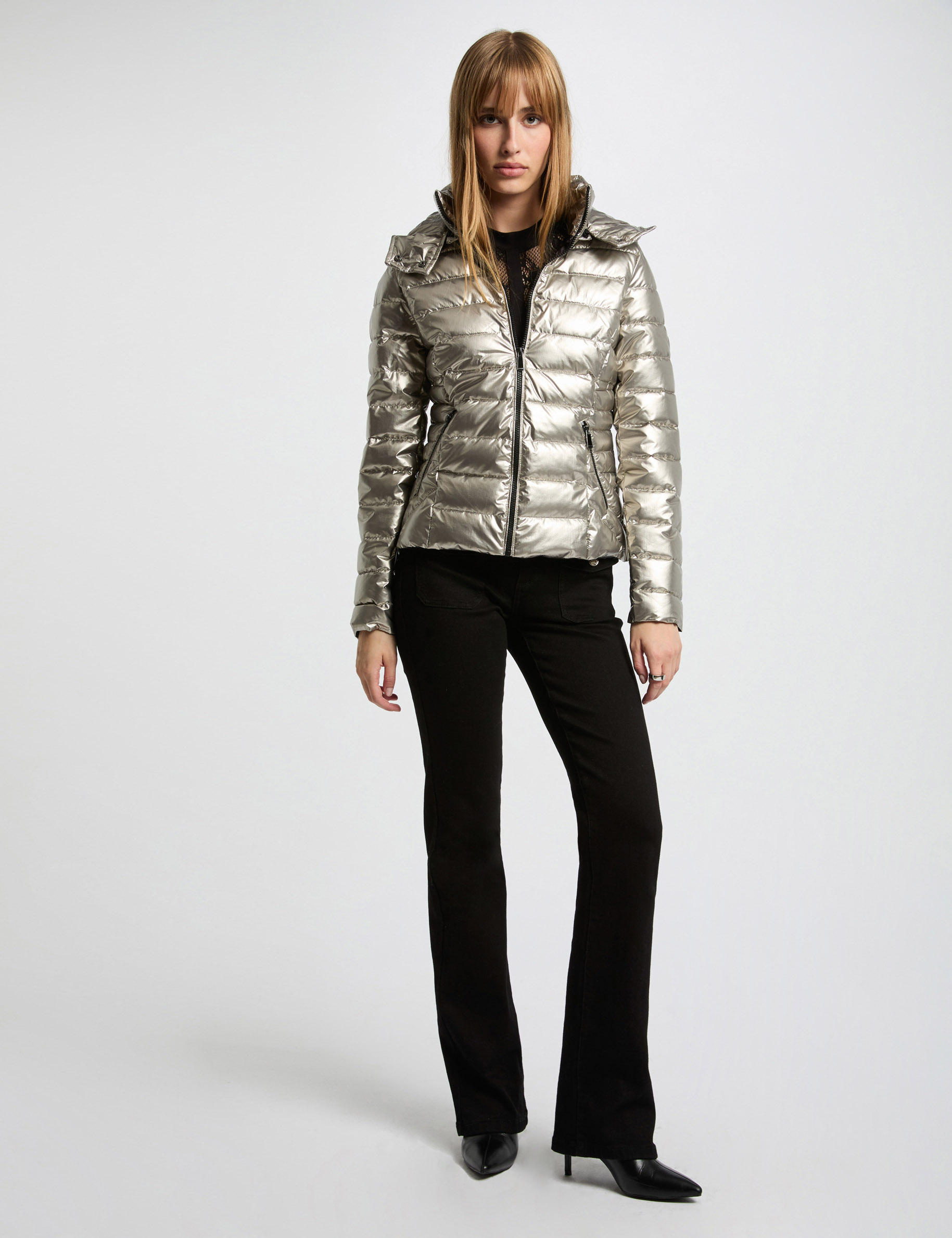 Metallised padded jacket hood gold women Morgan