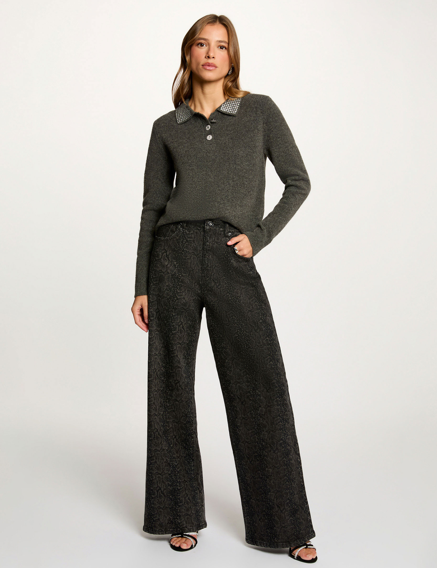 Fitted sweater with turned-down collar dark grey women