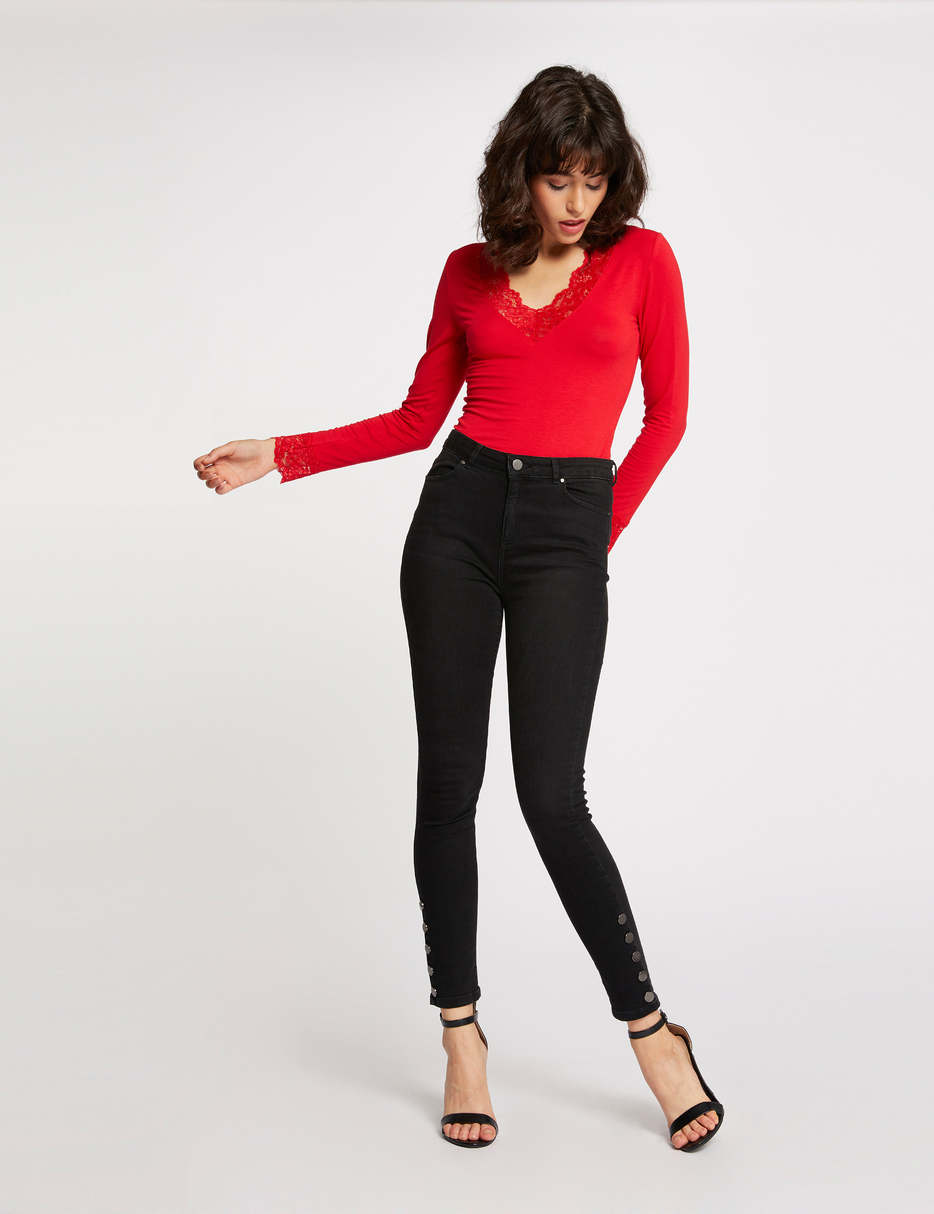 Long-sleeved T-shirt with lace red women