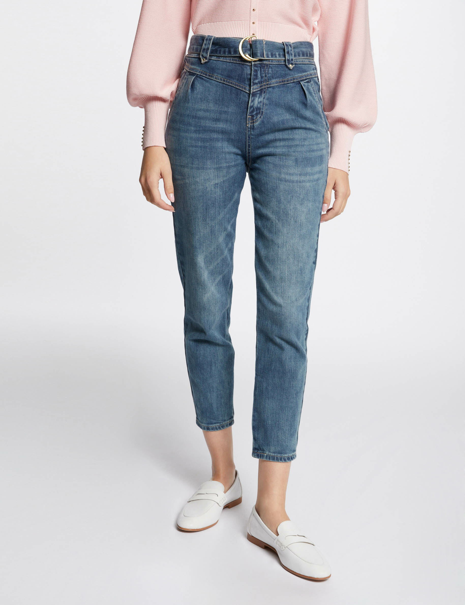 Cropped regular belted jeans stone denim ladies'