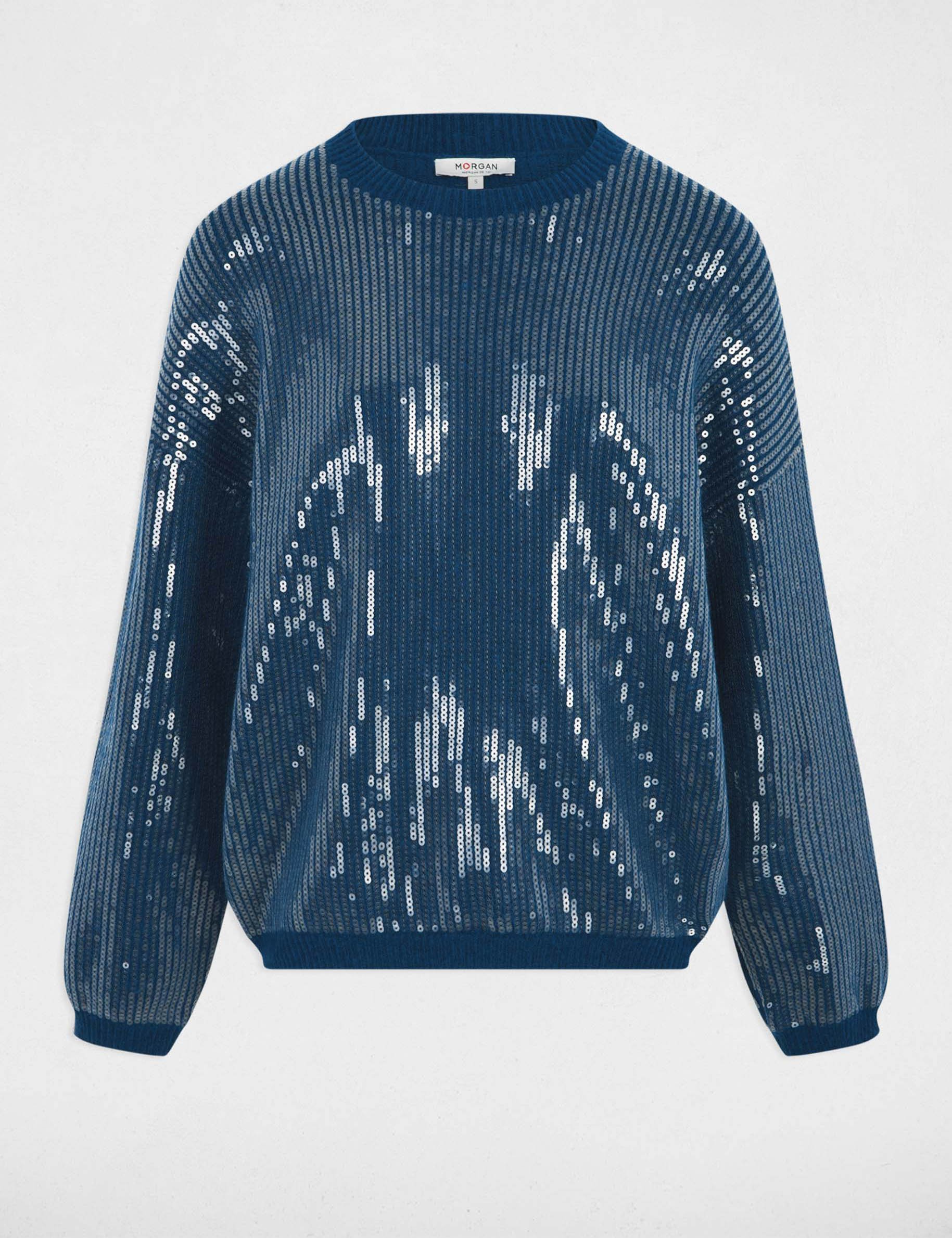 Sequin sweater with round neck petroleum blue women