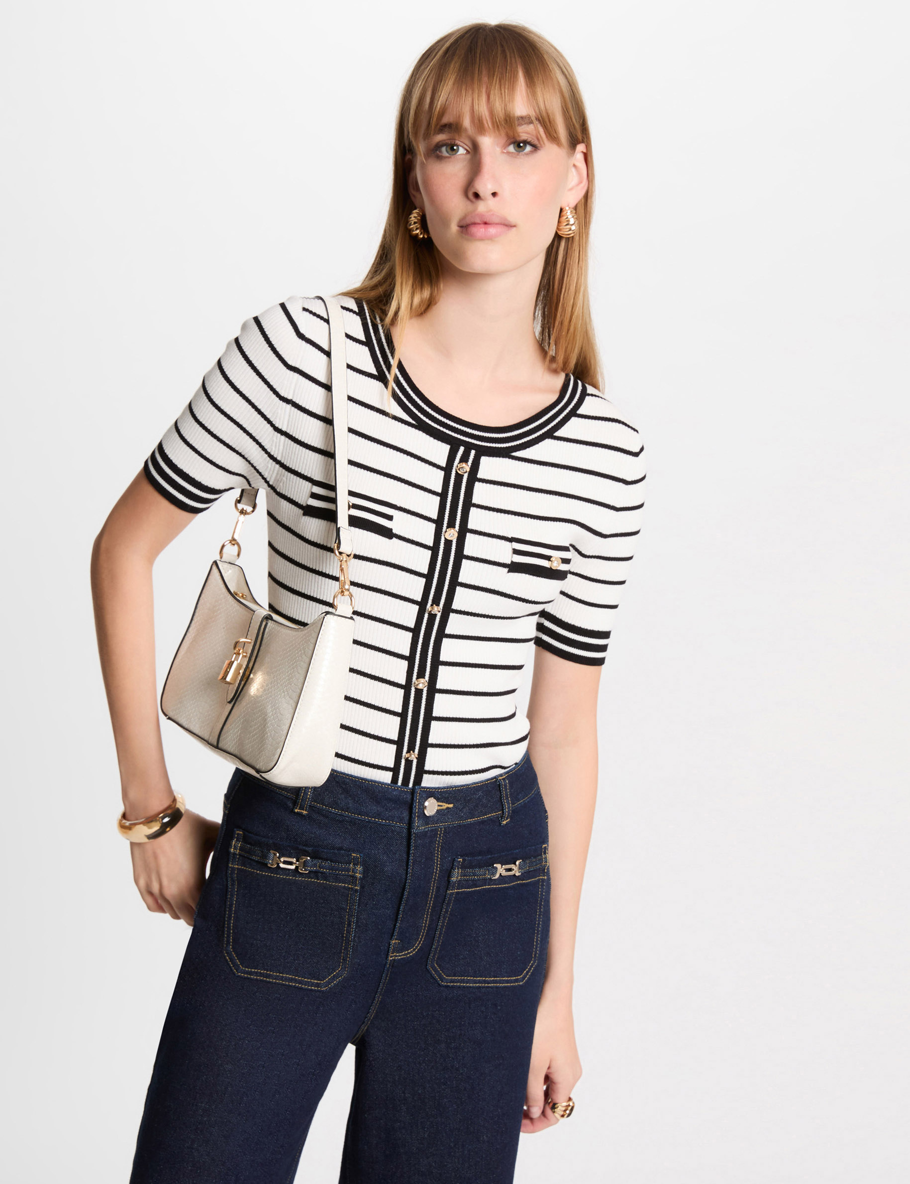 stripped jumper short sleeves white women Stripped jumper short-sleeves white women