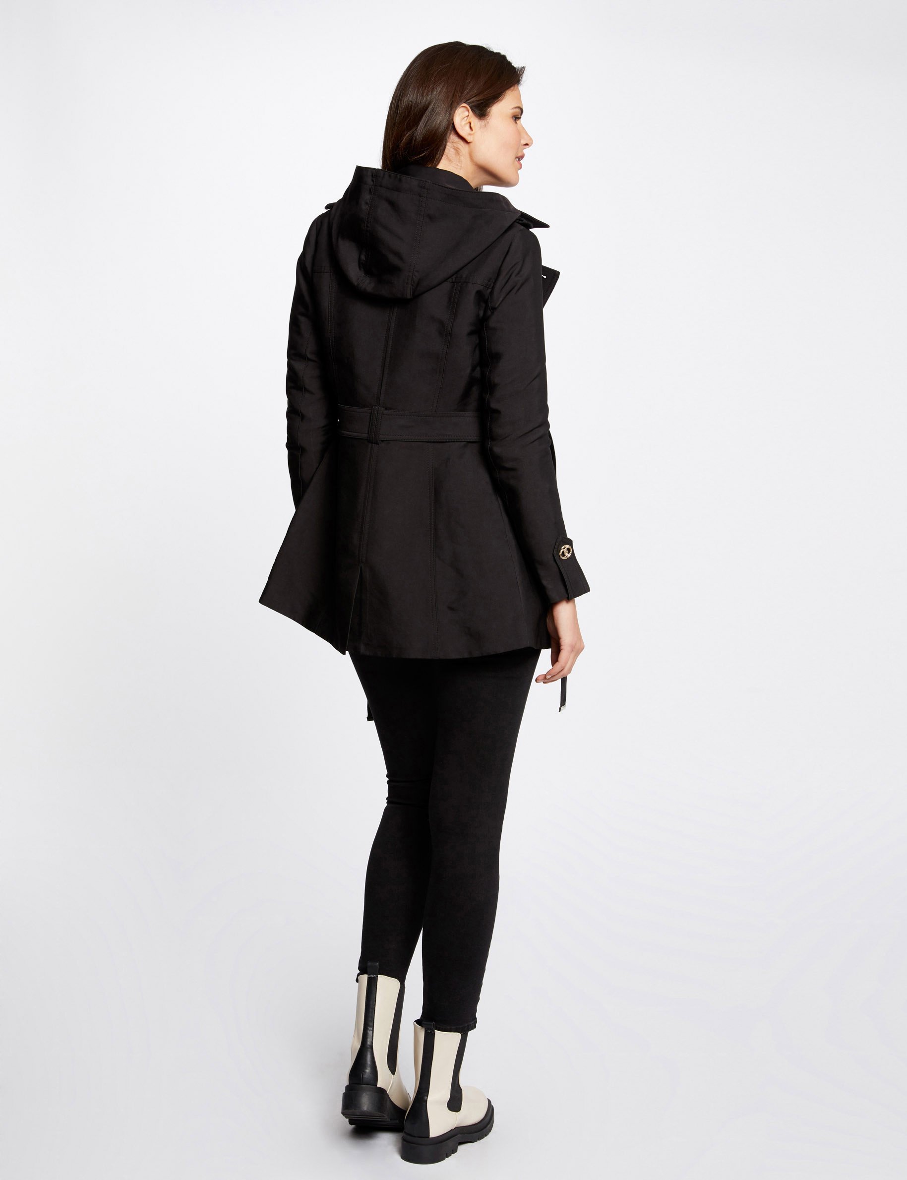 Straight belted trenchcoat with hood black ladies'