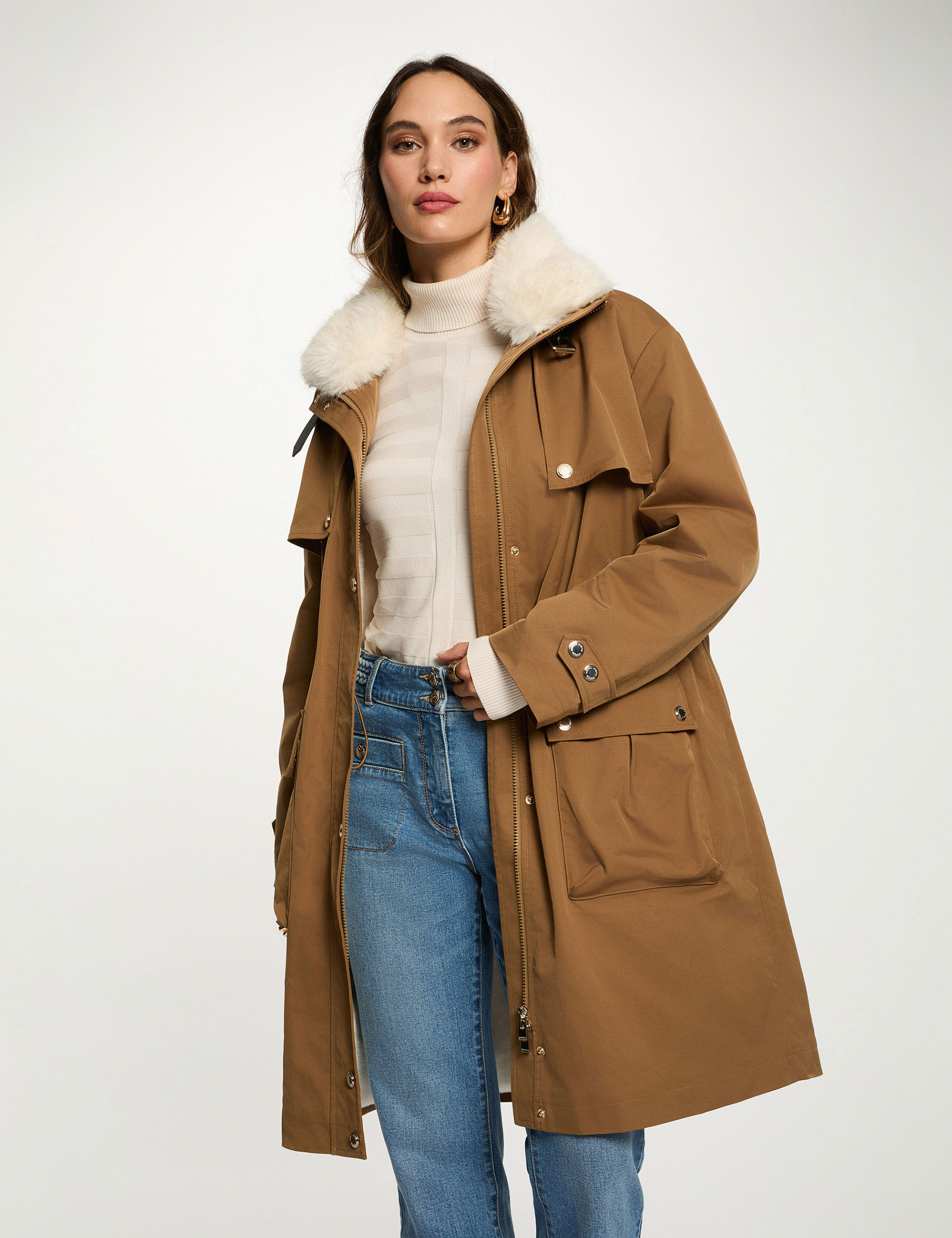 Long adjustable parka camel women
