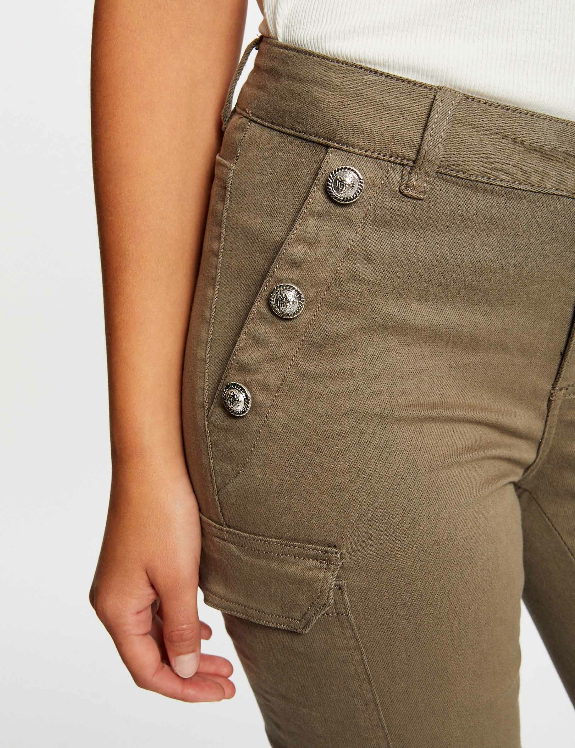 Skinny cargo trousers with buttons khaki green ladies
