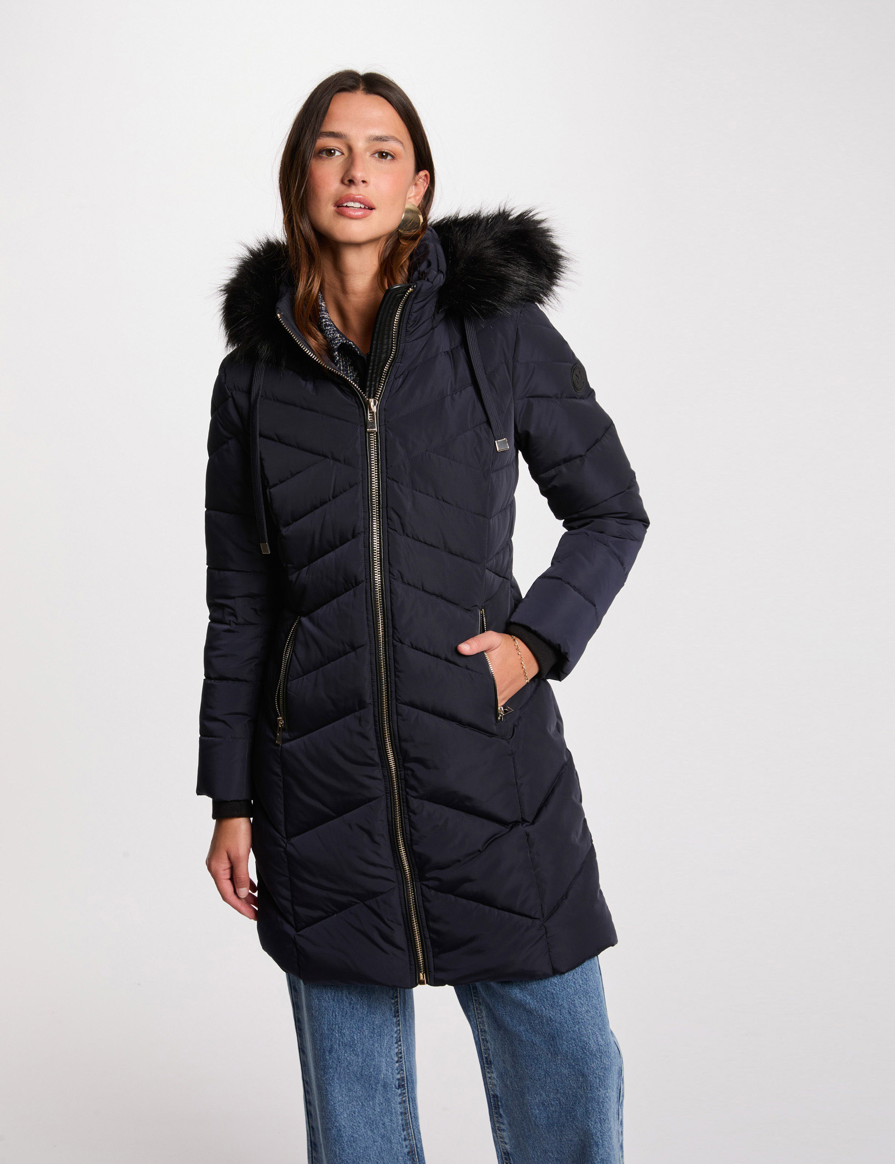 Long hooded puffer jacket navy blue women
