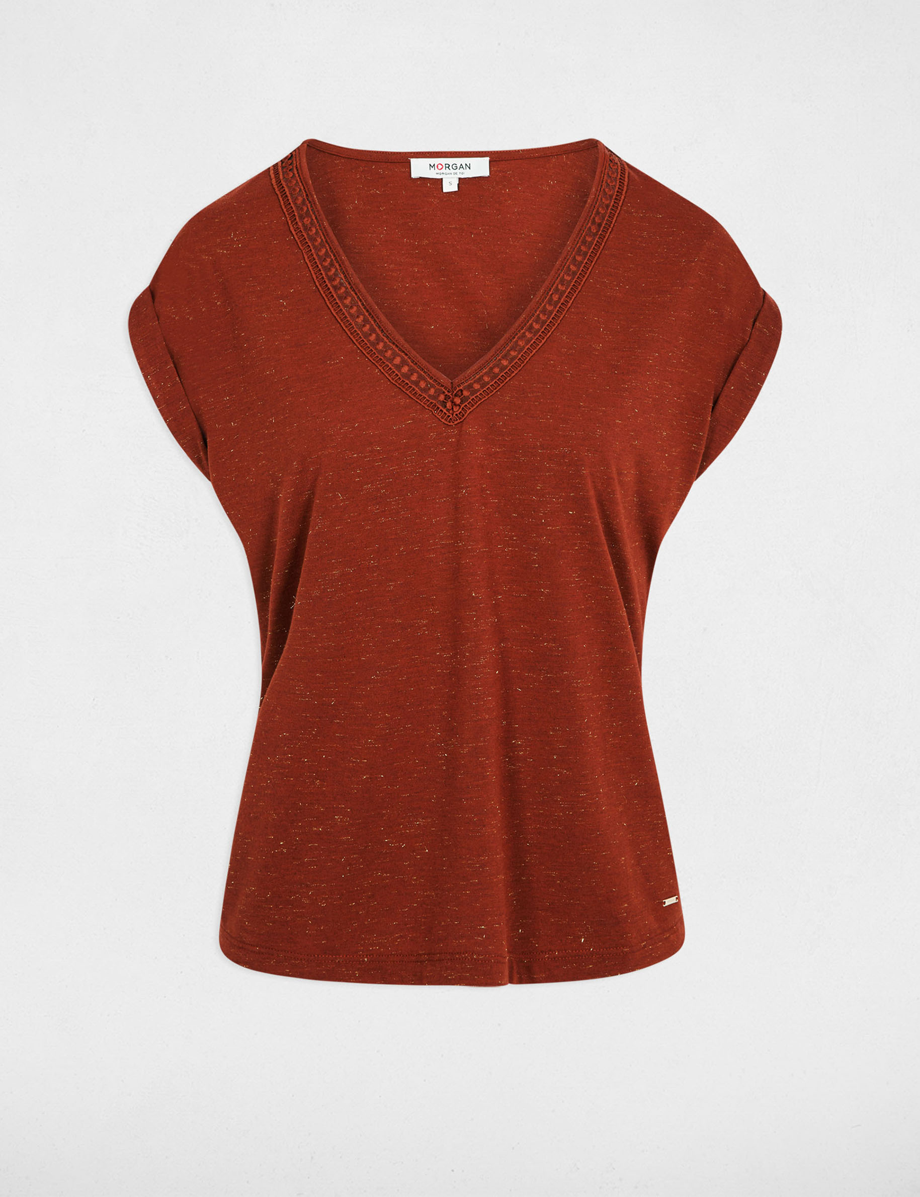 Shiny v-neck t-shirt cognac brown women