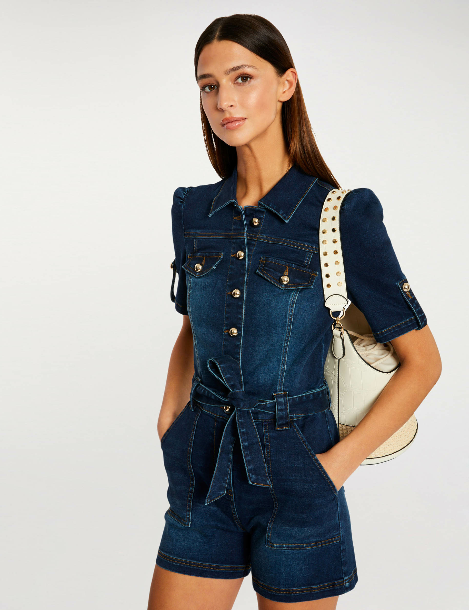 Belted buttoned playsuit raw denim ladies'