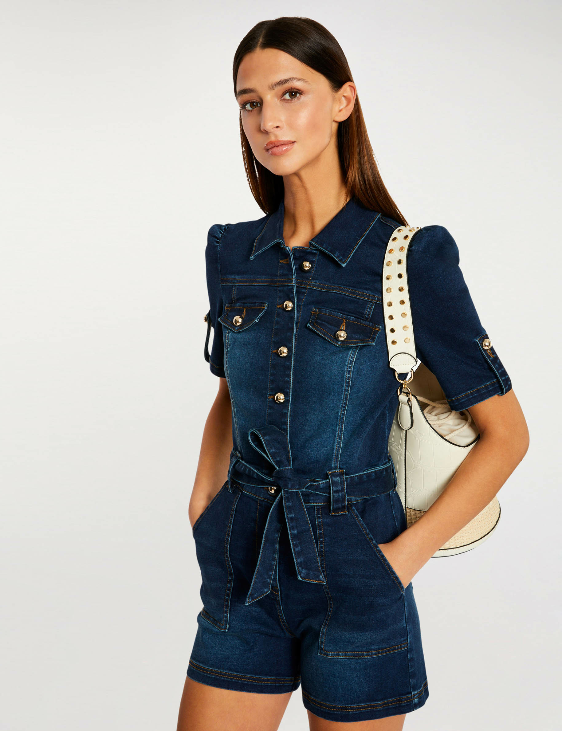 Belted buttoned playsuit raw denim ladies' Belted buttoned playsuit raw denim ladies'